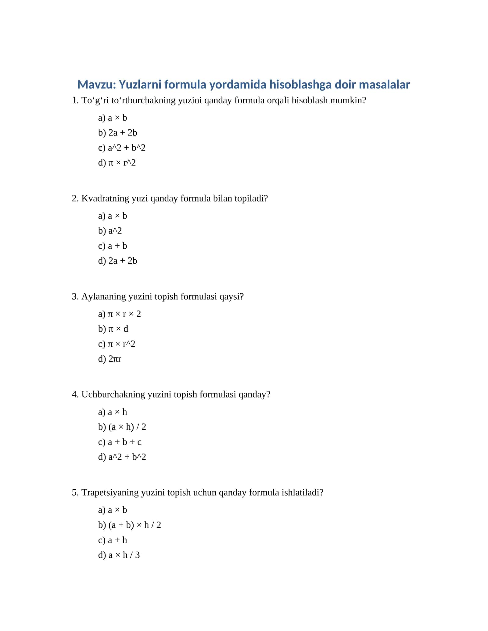 Yuzlarni formula yordamida hisoblashga doir masalalar