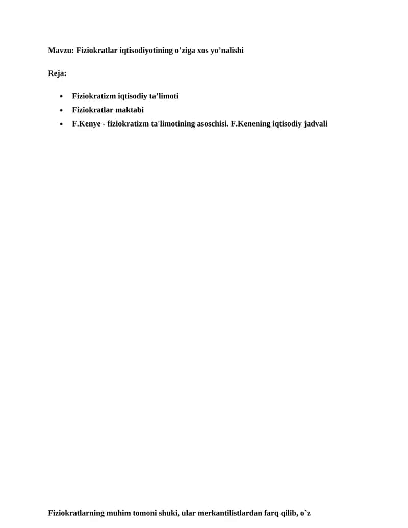 Fiziokratlar iqtisodiyotini o’rganish