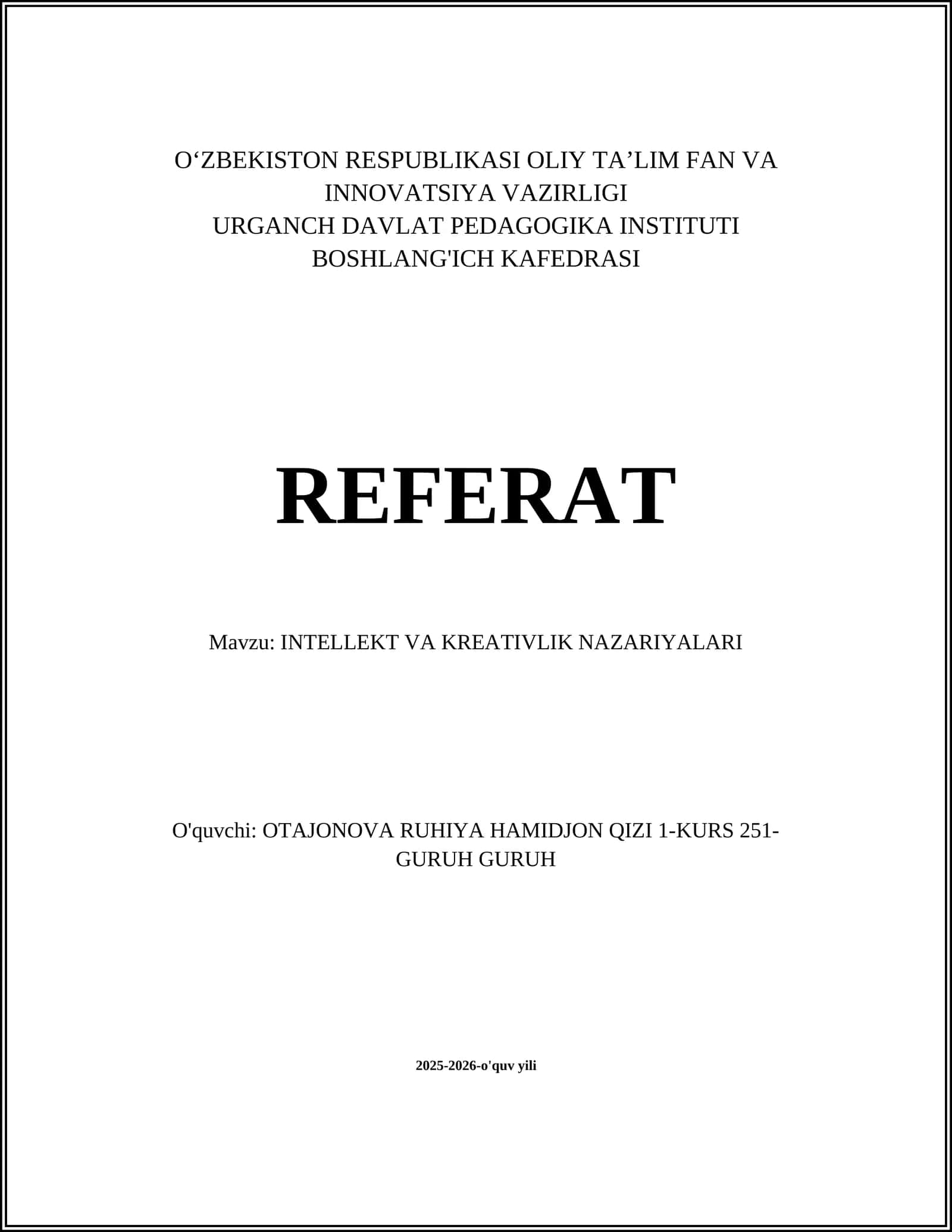 INTELLEKT VA KREATIVLIK NAZARIYALARI