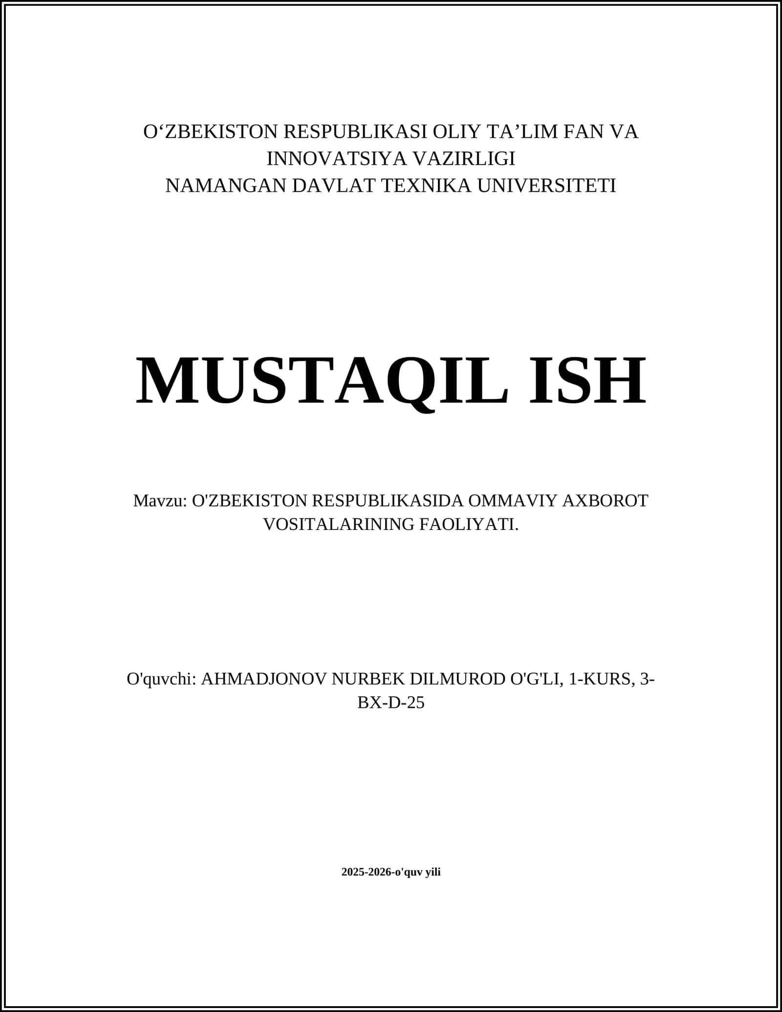 O'ZBEKISTON RESPUBLIKASIDA OMMAVIY AXBOROT VOSITALARINING FAOLIYATI