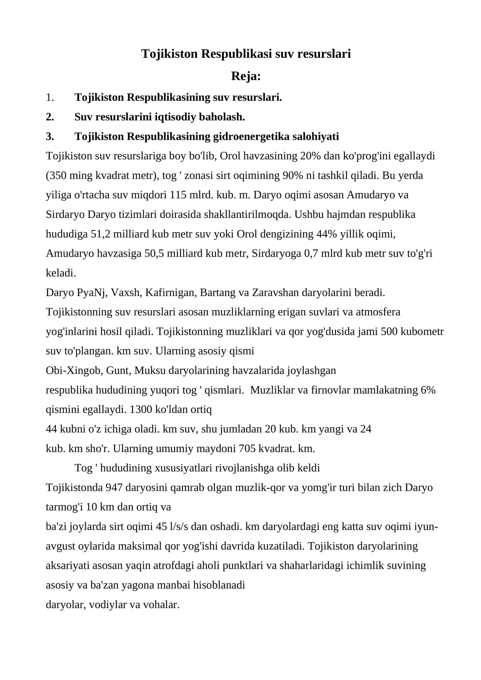 Tojikiston Respublikasi suv resurslari