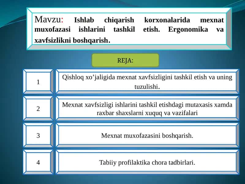 Ishlabchiqarish korxonalarida mexnat muxofazasi ishlarini tashkil etish. Ergonomika va xavfsizlikni boshqarish