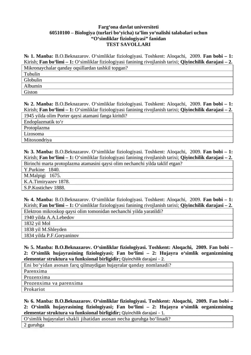 Oʻsimliklar fiziologiyasi TEST SAVOLLARI