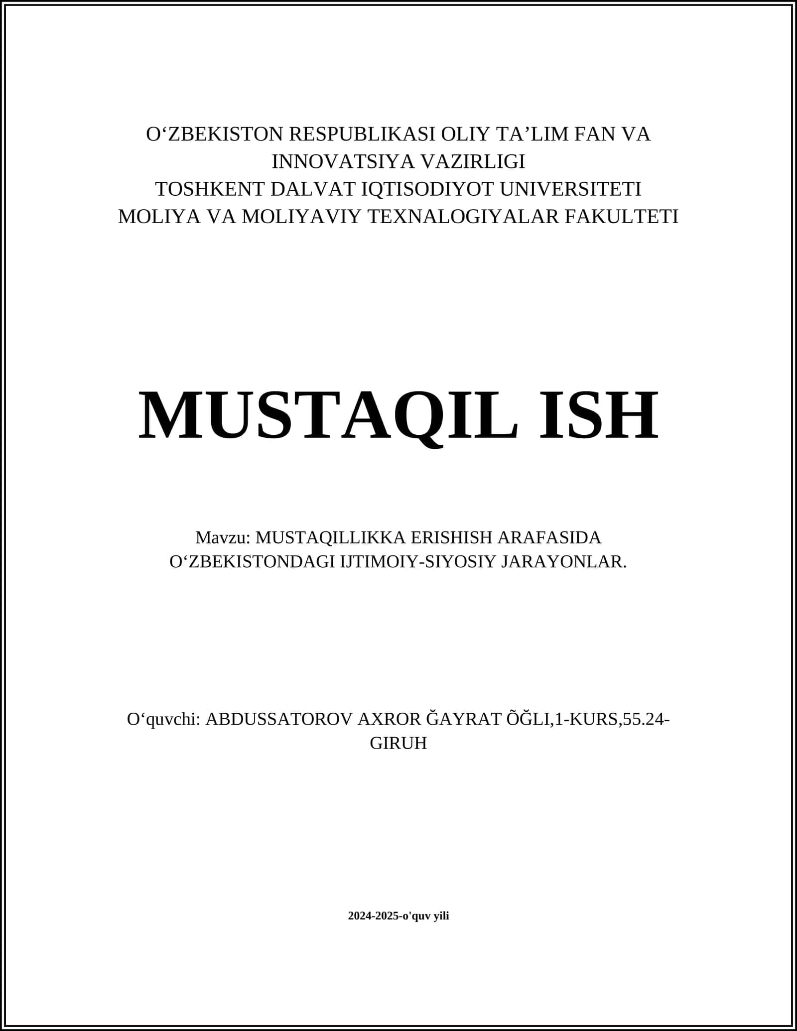 MUSTAQILLIKKA ERISHISH ARAFASIDA O‘ZBEKISTONDAGI IJTIMOIY-SIYOSIY JARAYONLAR