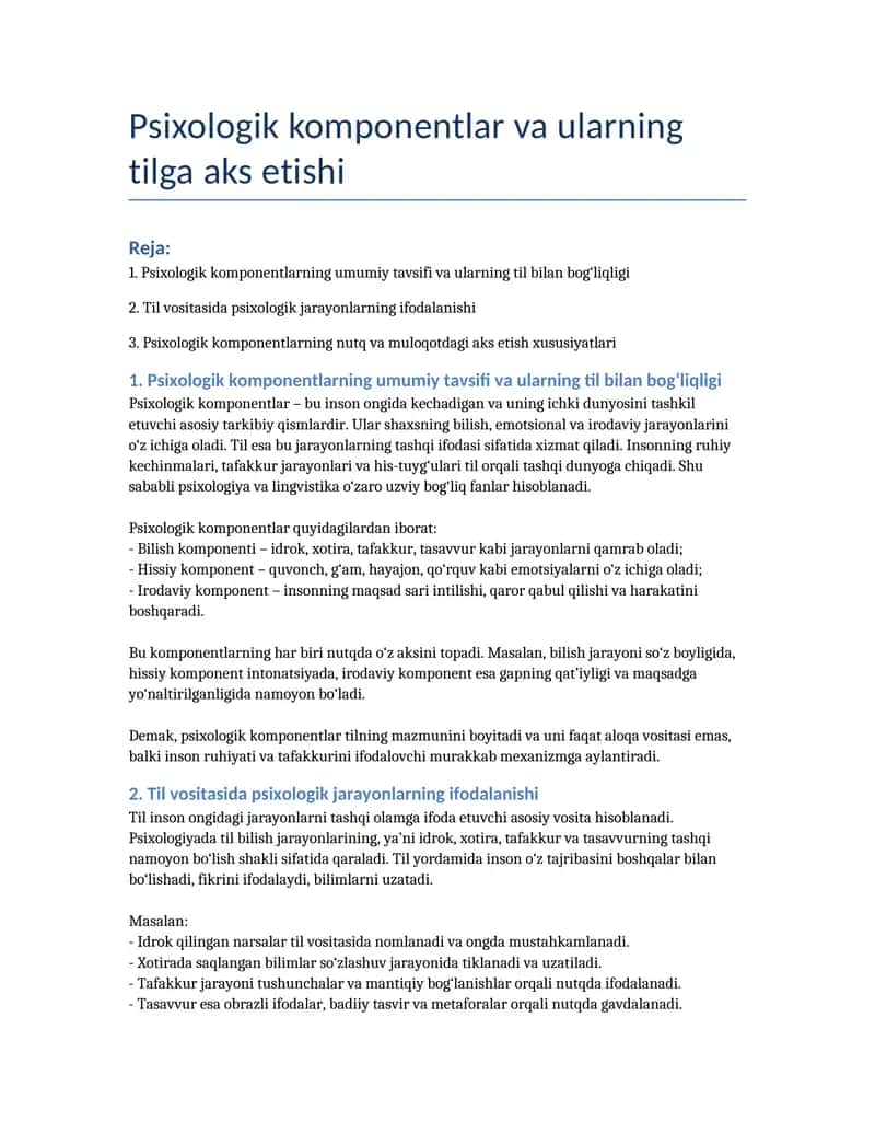 Psixologik komponentlar va ularning tilga aks etishi