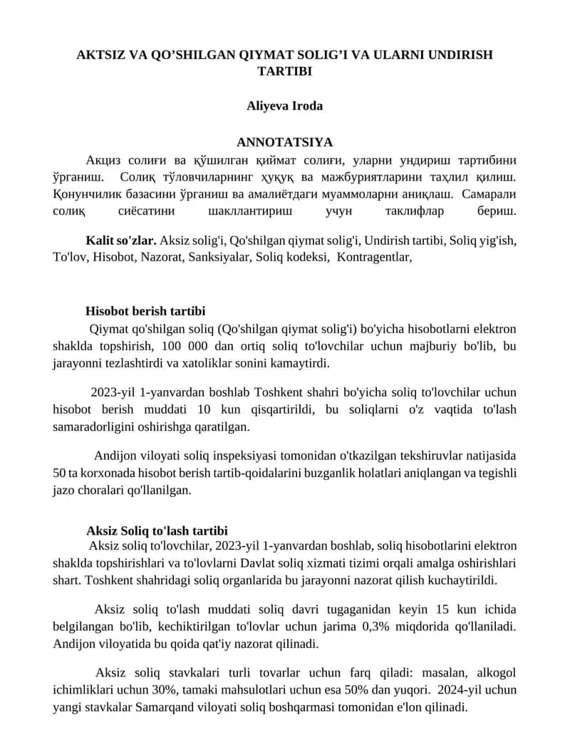 AKTSIZ VA QO’SHILGAN QIYMAT SOLIG’I VA ULARNI UNDIRISH TARTIBI