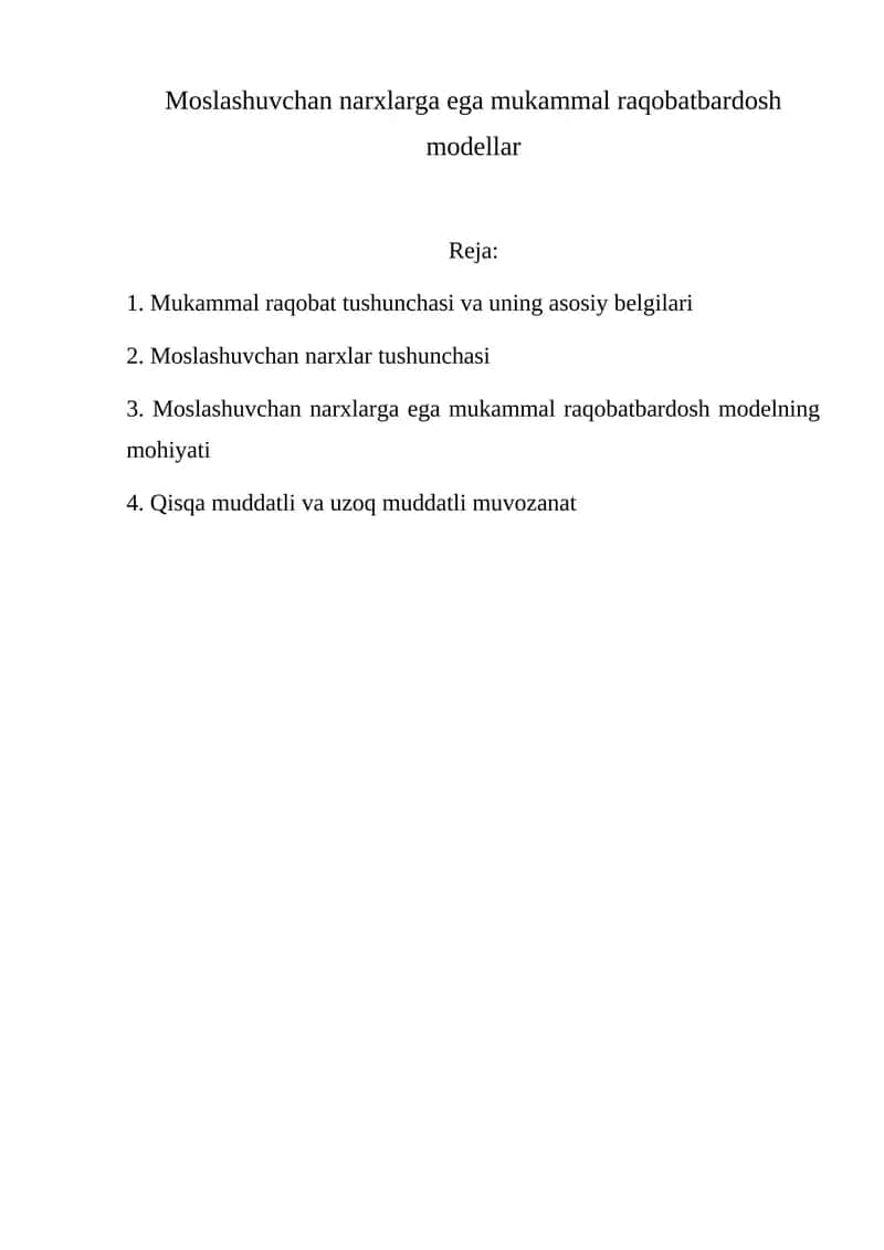 Moslashuvchan narxlarga ega mukammal raqobatbardosh modellar