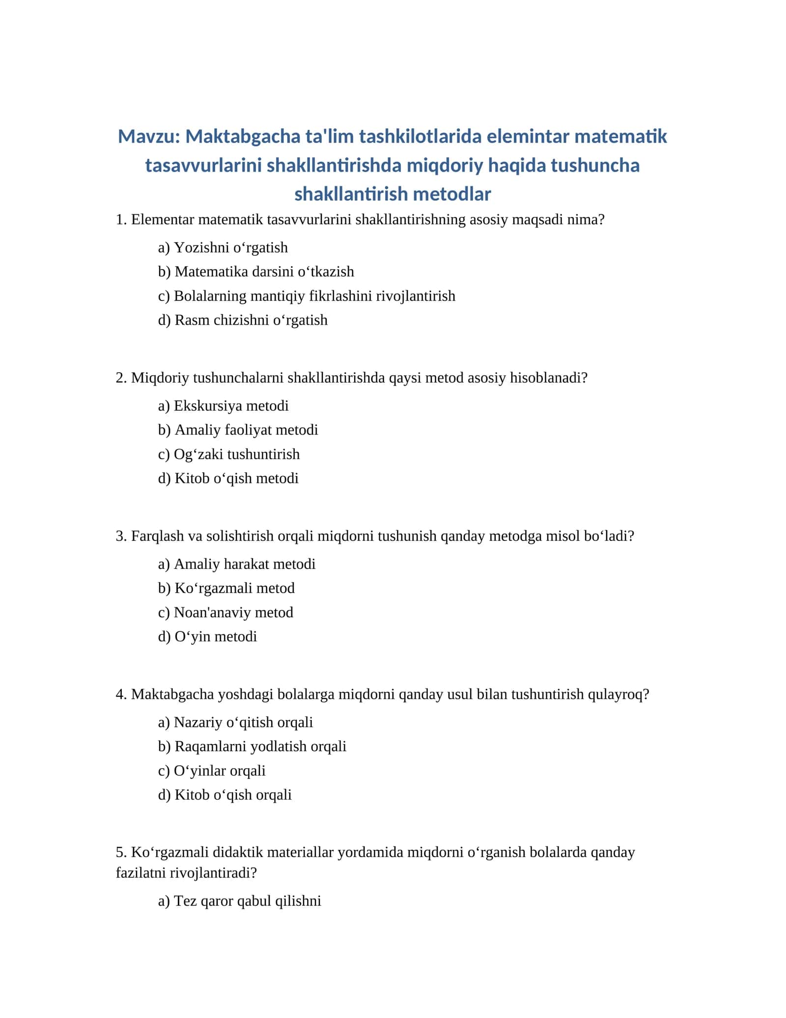 Maktabgacha ta'lim tashkilotlarida elemintar matematik tasavvurlarini shakllantirishda miqdoriy haqida tushuncha shakllantirish metodlar