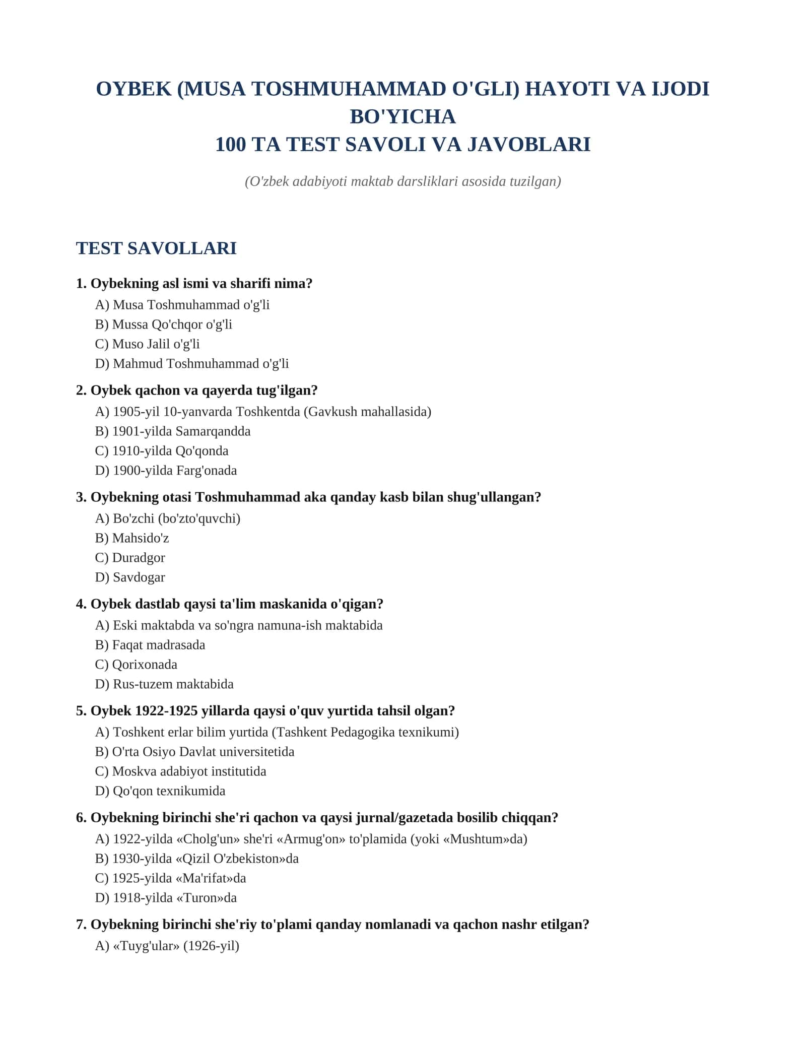 OYBEK (MUSO TOSHMUHAMMAD O'G'LI) HAYOTI VA IJODI  BO'YICHA  100 TA TEST SAVOLI VA JAVOBLARI (O'zbek adabiyoti maktab darsliklari asosida tuzilgan)