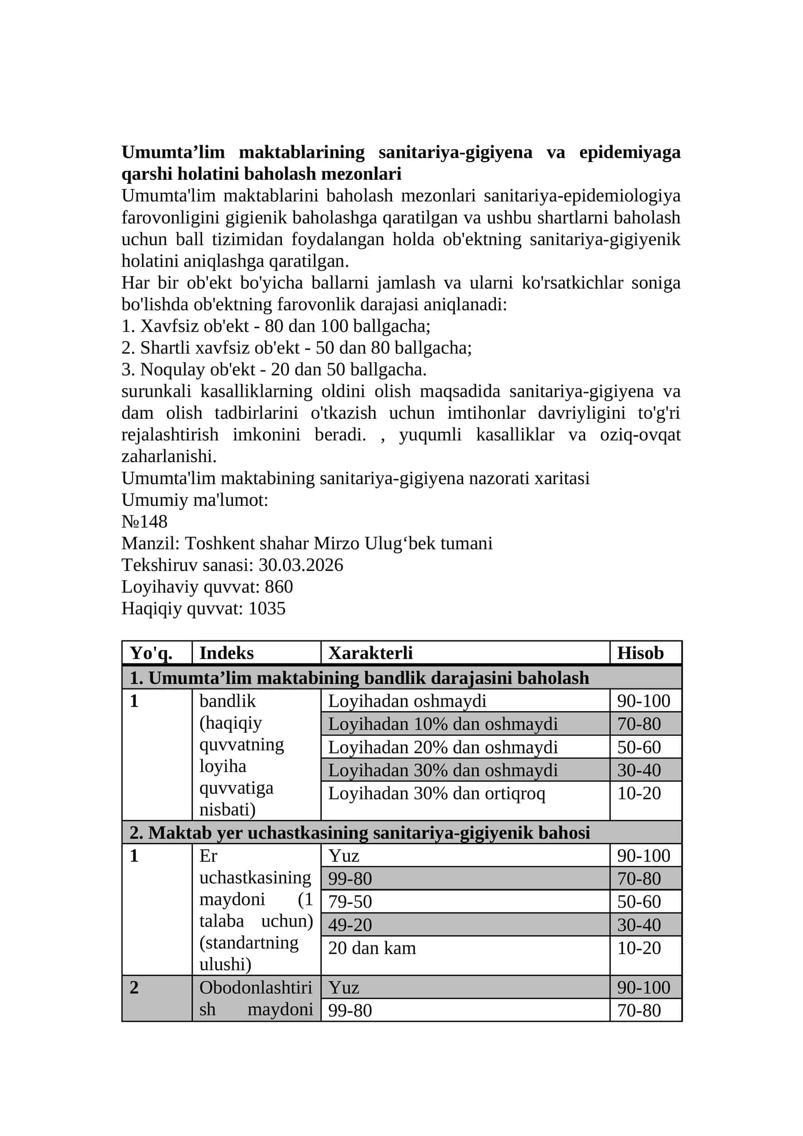 Umumta’lim maktablarining sanitariya-gigiyena va epidemiyaga qarshi holatini baholash mezonlari