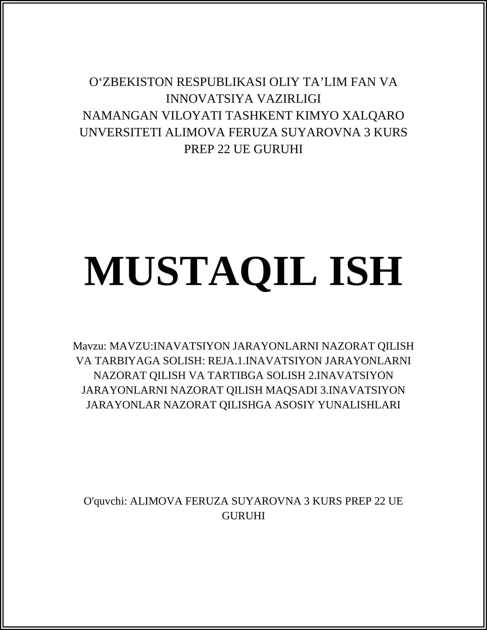 INAVATSIYON JARAYONLARNI NAZORAT QILISH VA TARBIYAGA SOLISH