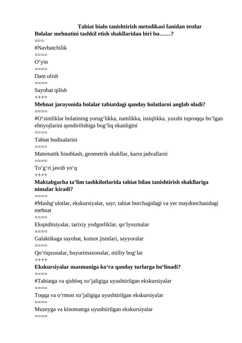 Tabiat bialn tanishtirish metodikasi fanidan testlar