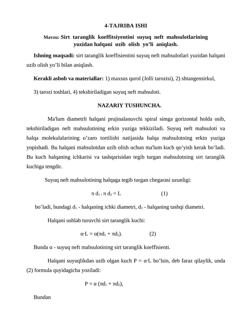 Sirt taranglik koeffitsiyentini suyuq neft mahsulotlarining yuzidan halqani uzib olish yo’li aniqlash