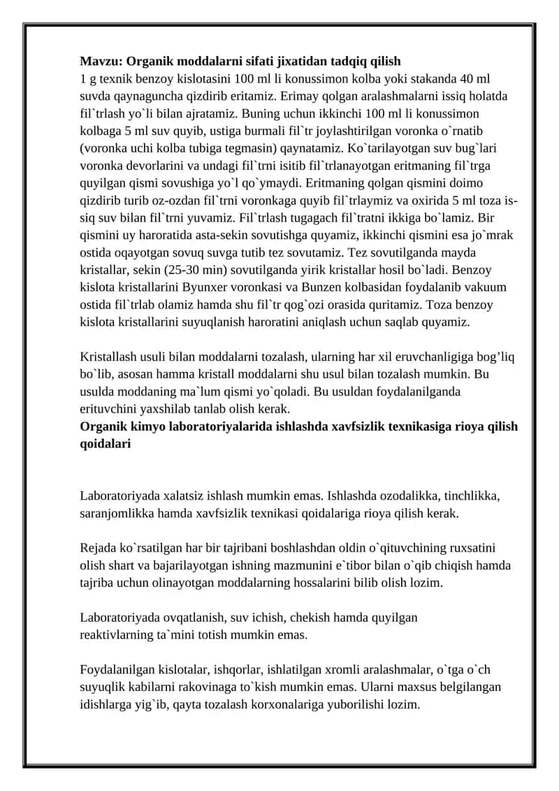 Organik moddalarni sifati jixatidan tadqiq qilish