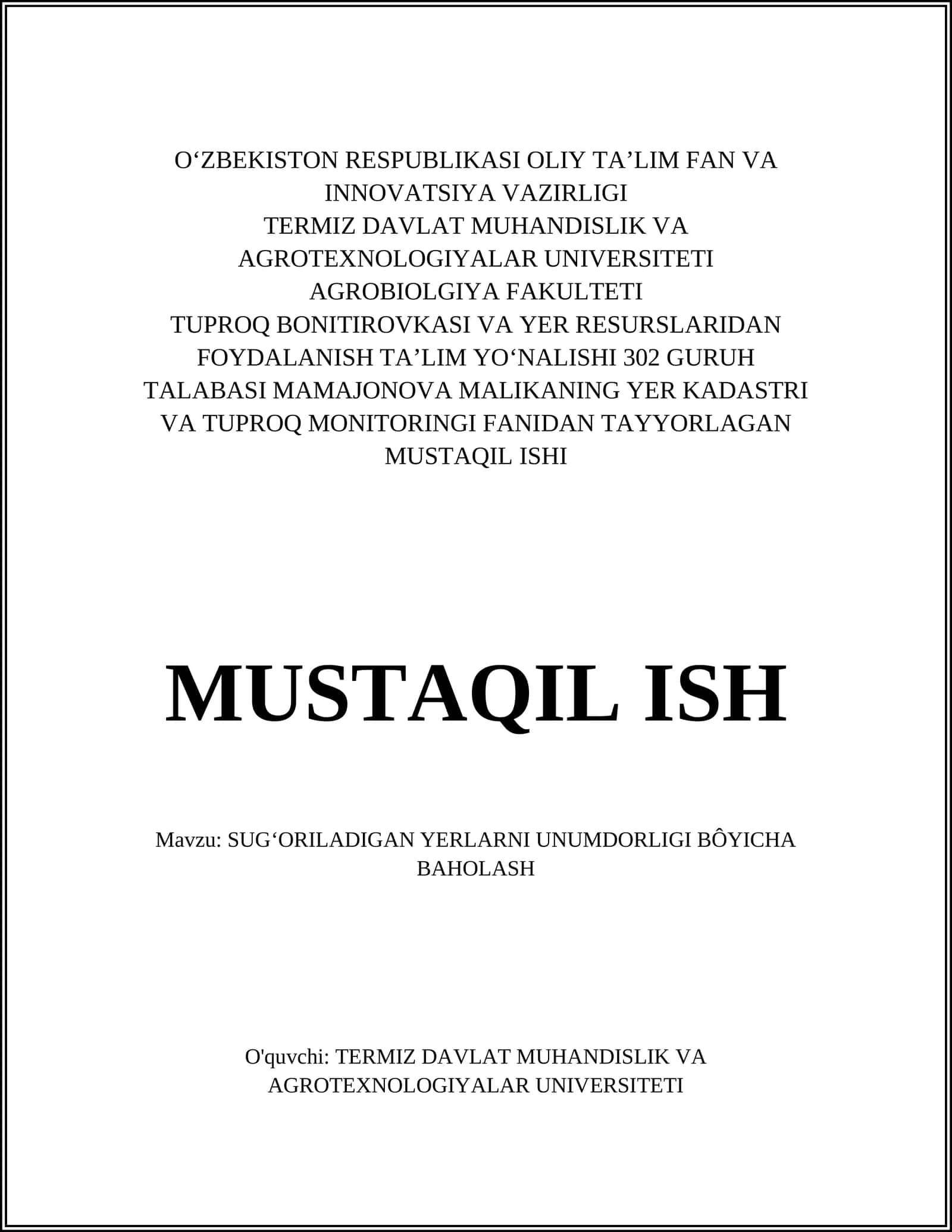 SUGʻORILADIGAN YERLARNI UNUMDORLIGI BÔYICHA BAHOLASH