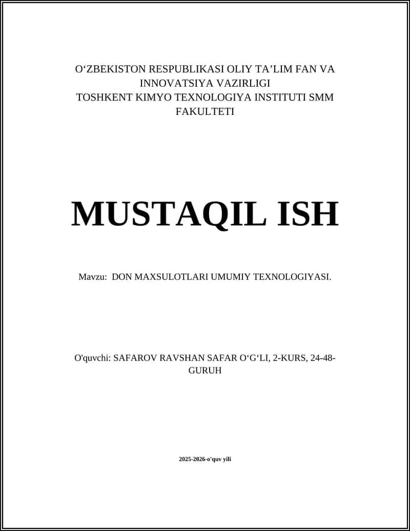 DON MAXSULOTLARI UMUMIY TEXNOLOGIYASI