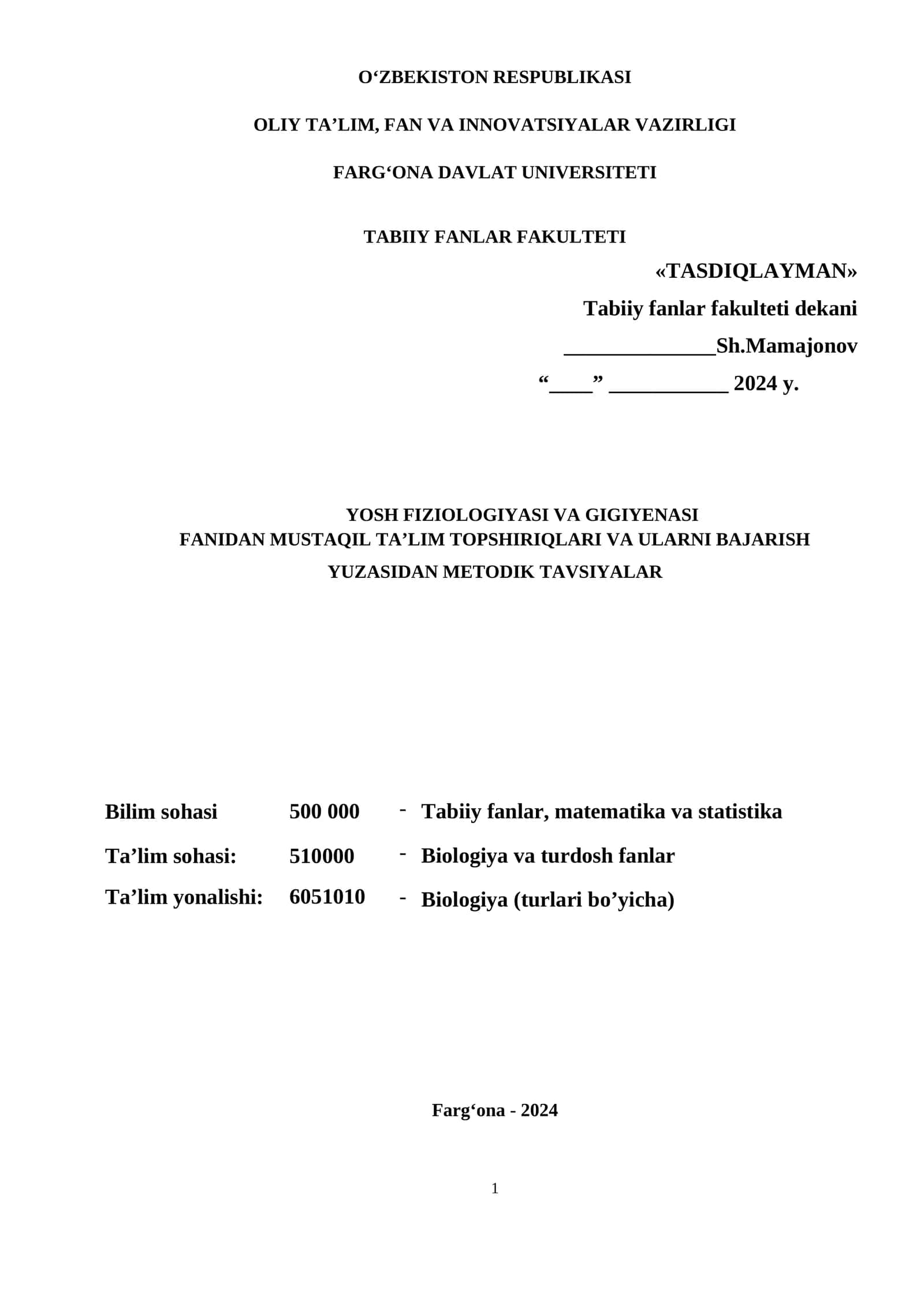Yosh Fiziologiyasi va Gigiienasi Fanidan Mustaqil Ta'lim Topshiriqlari