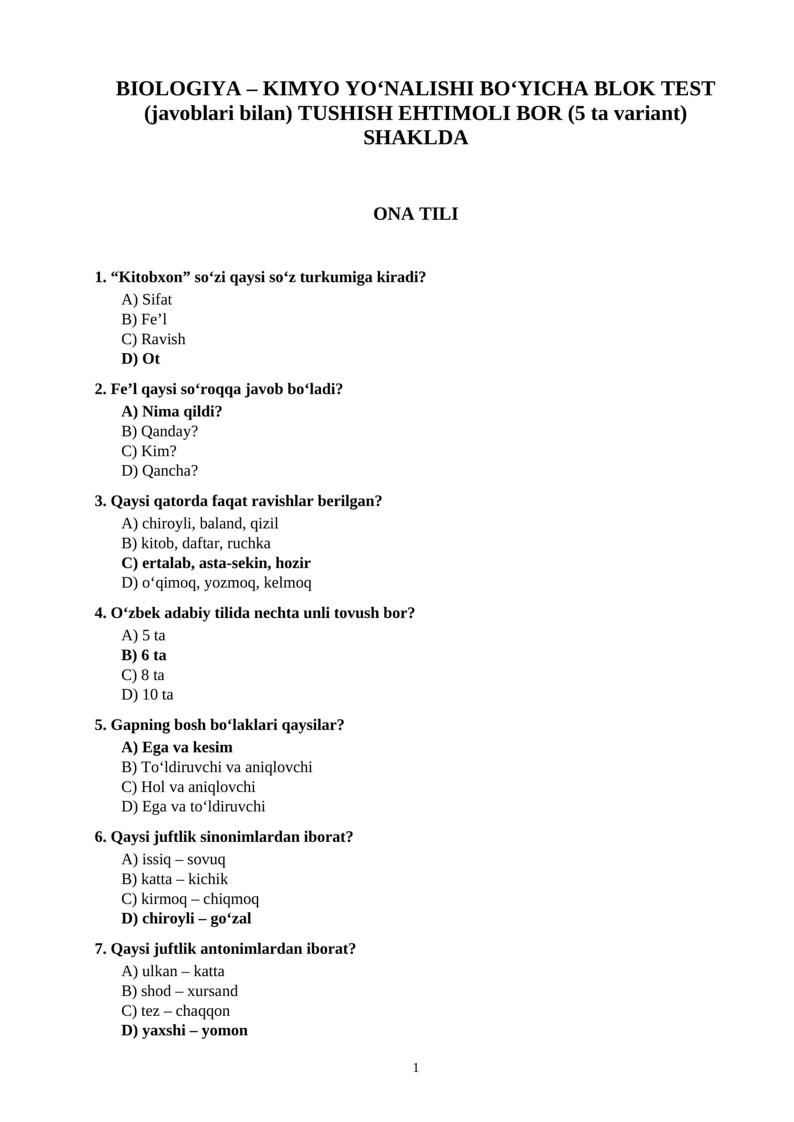 BIOLOGIYA – KIMYO YO‘NALISHI BO‘YICHA BLOK TEST (javoblari bilan) TUSHISH EHTIMOLI BOR (5 ta variant) SHAKLDA