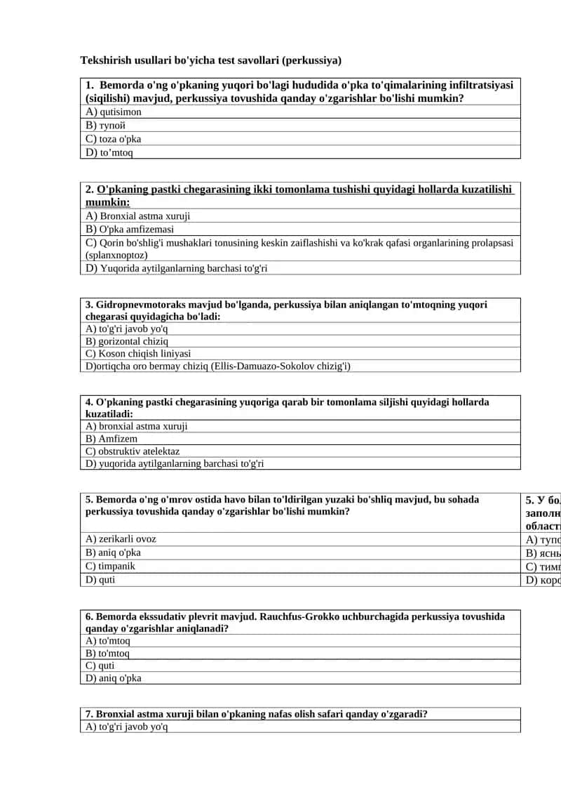 Tekshirish usullari bo'yicha test savollari (perkussiya)