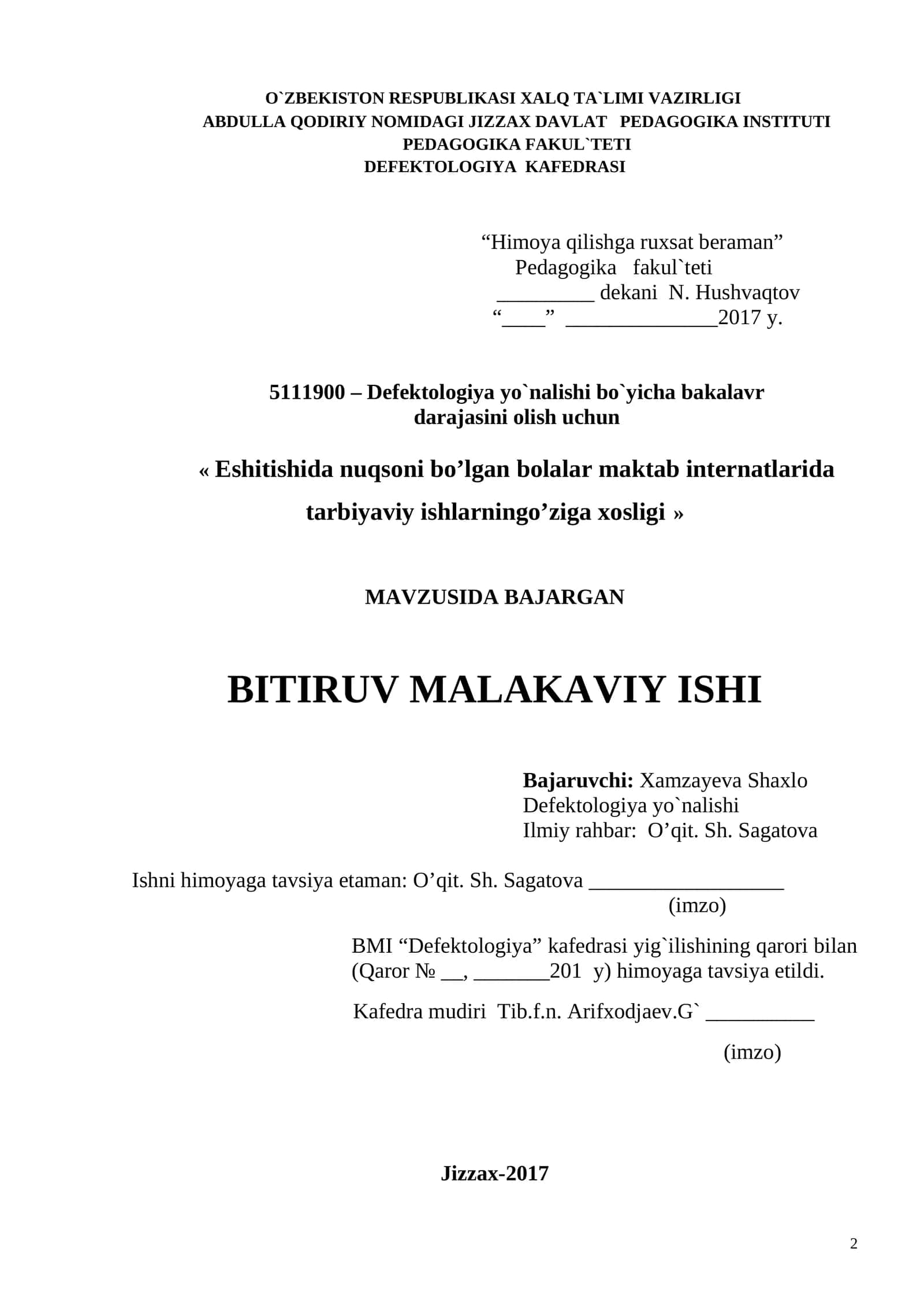 Eshitishida nuqsoni bo'lgan bolalar maktab internatlarida tarbiyaviy ishlarning o'ziga xosligi