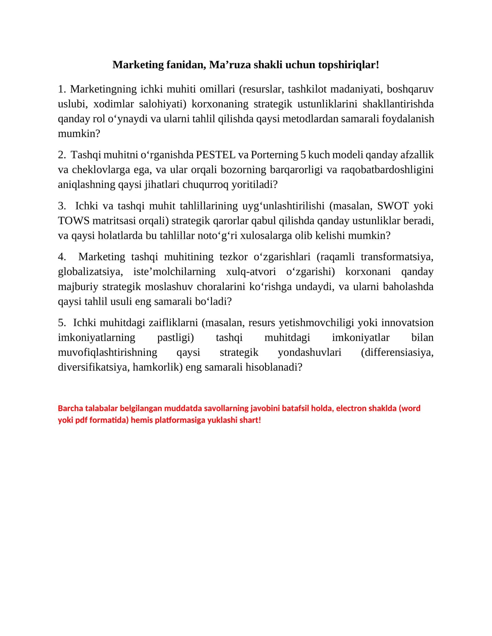 Marketing fanidan, Ma’ruza shakli uchun topshiriqlar!