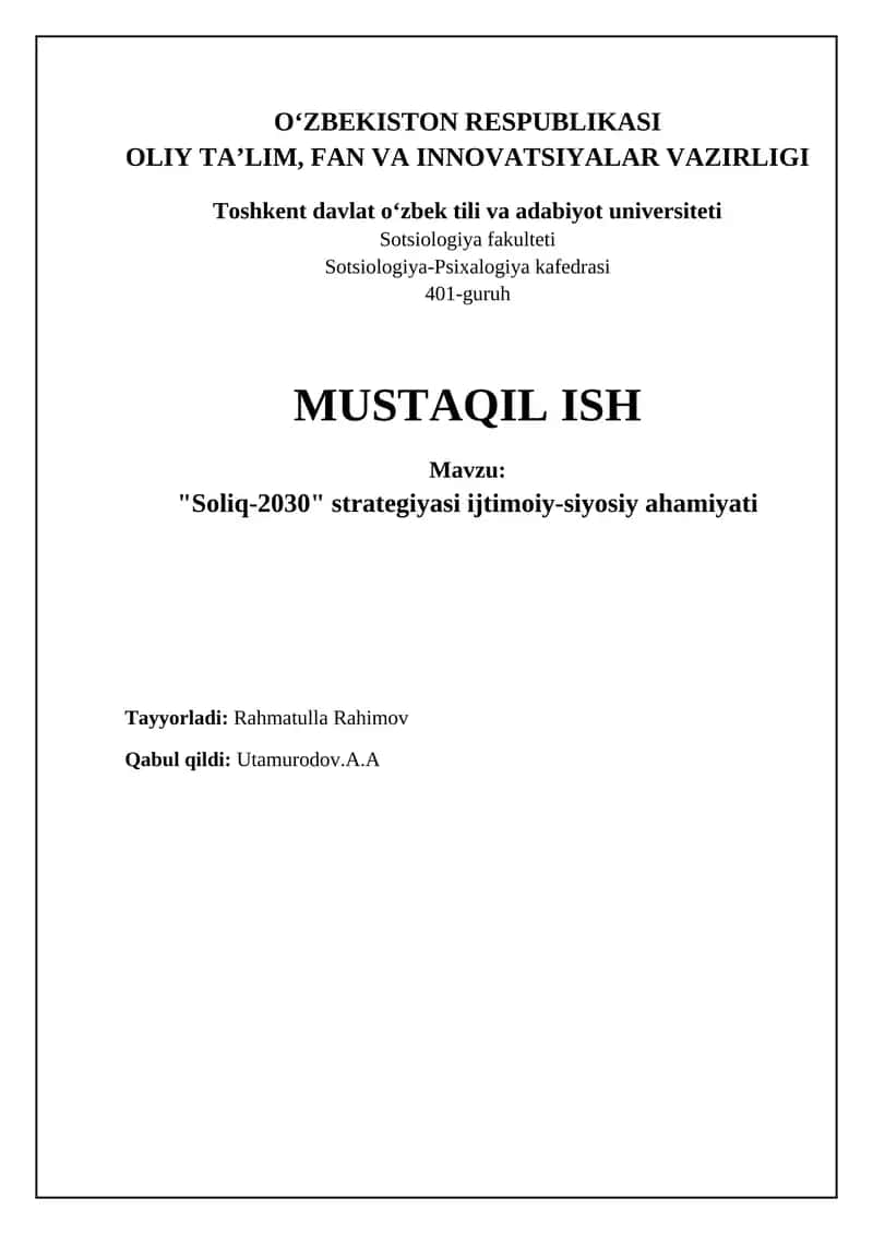 Soliq-2030 strategiyasi O'zbekiston Respublikasining iqtisodiy va ijtimoiy rivojlanishidagi muhim omilla