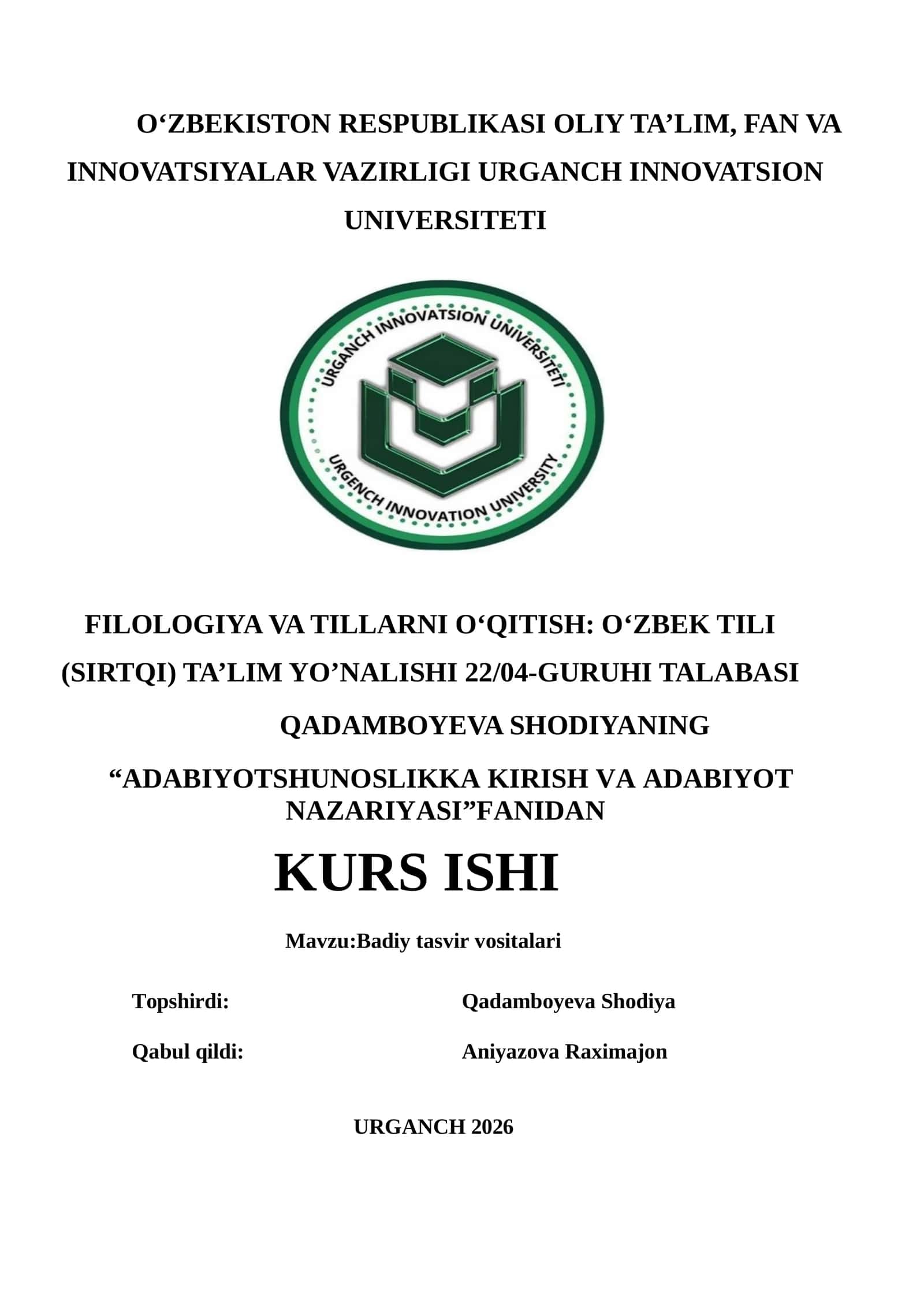 O‘zbek tili (sirtqi) ta'lim yo'nalishi 22/04-guruxi talabasi