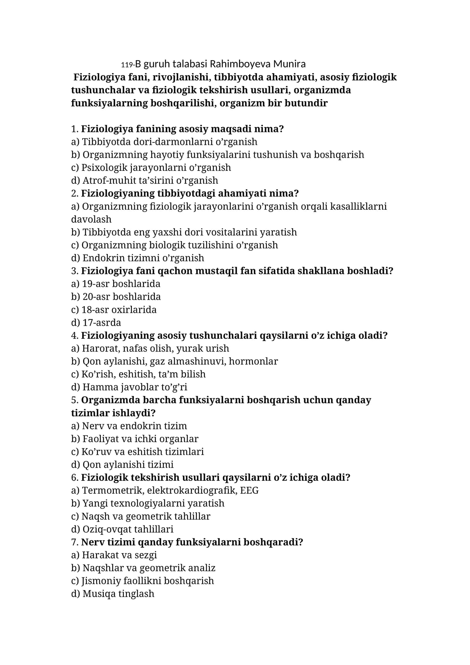 Fiziologiya fanining asosiy maqsadi nima?