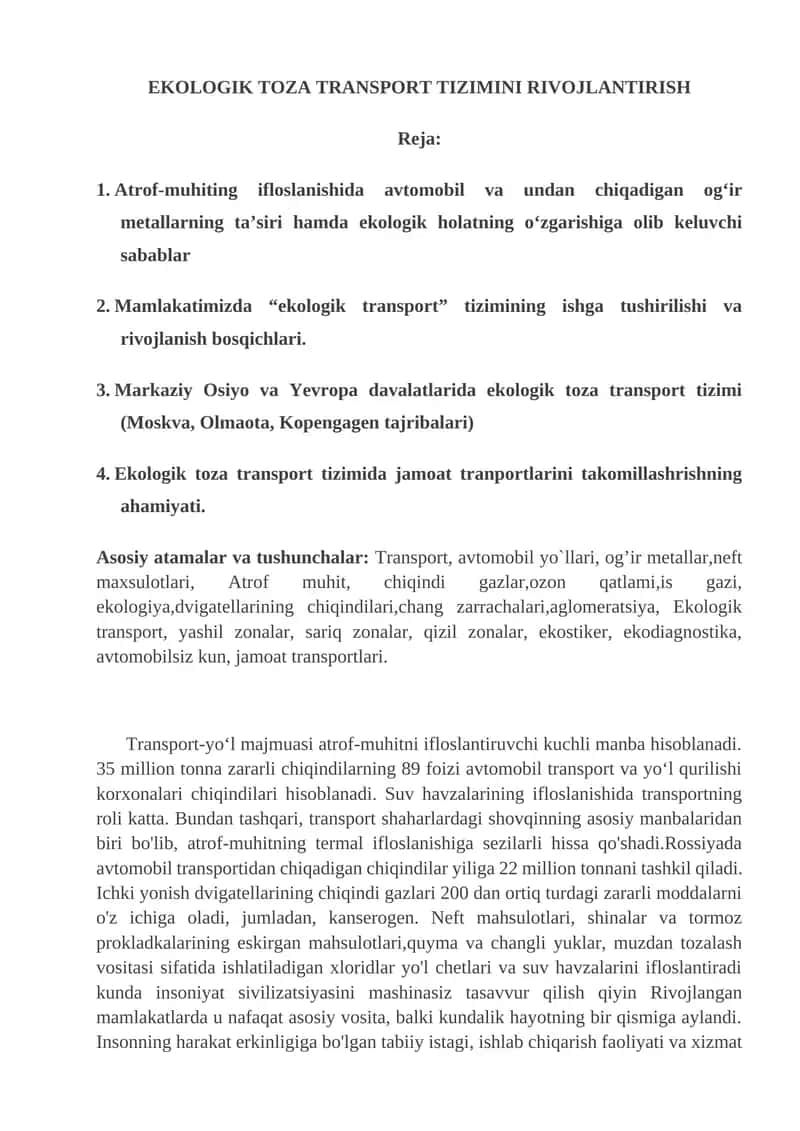 EKOLOGIK TOZA TRANSPORT TIZIMINI RIVOJLANTIRISH