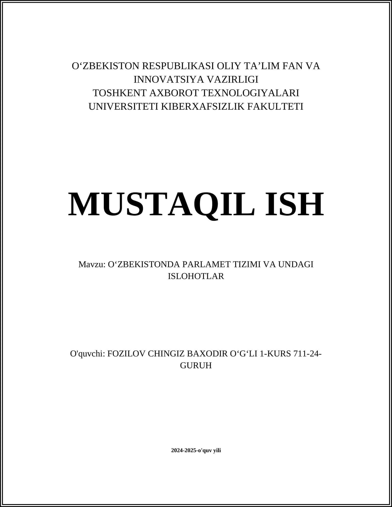 O‘zbekistonda parlament tizimi va undagi islohotlar