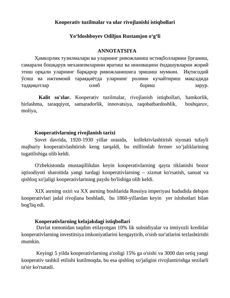Kooperativ tuzilmalar va ular rivojlanishi istiqbollari