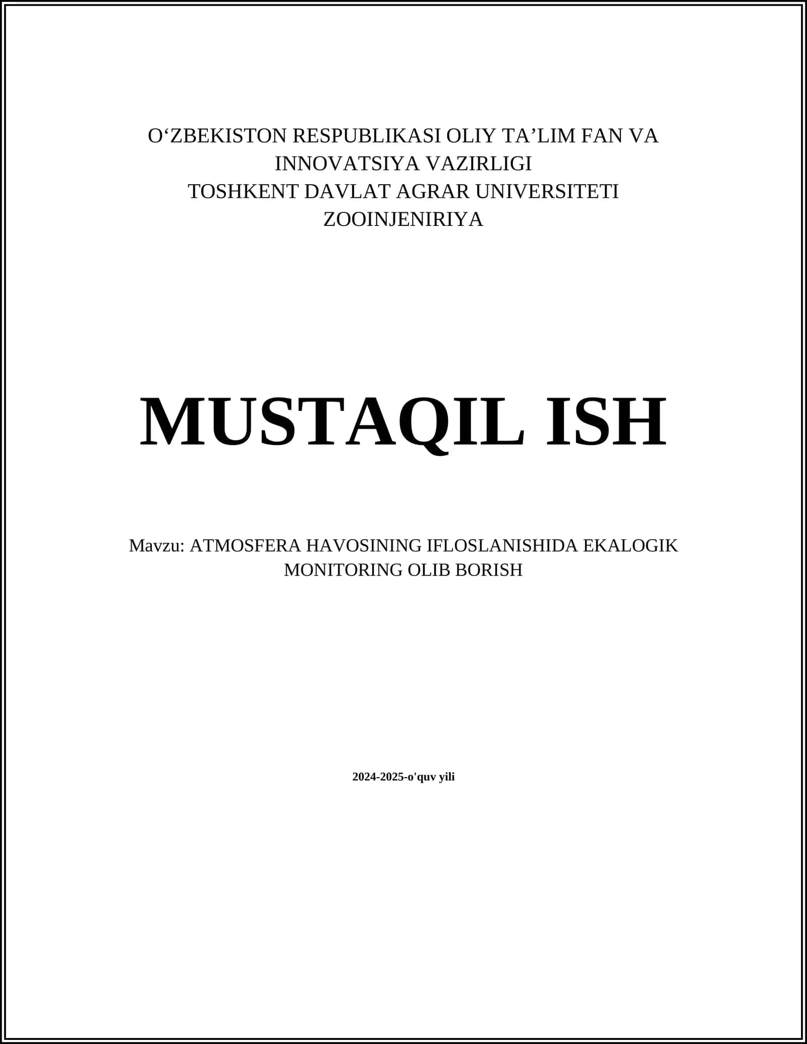 ATMOSFERA HAVOSINING IFLOSLANISHIDA EKALOGIK MONITORING OLIB BORISH
