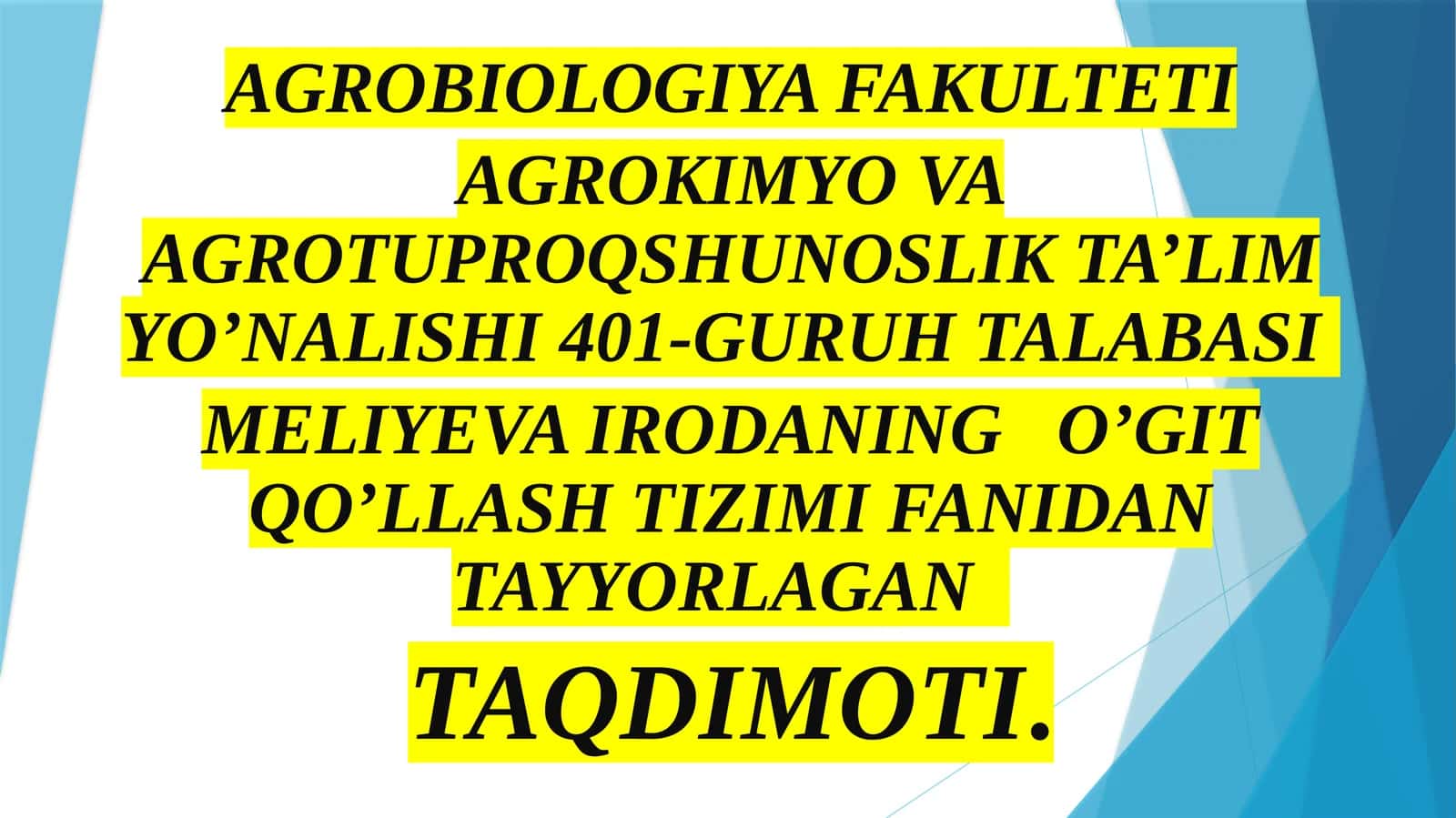 MELIYEVA IRODANING O’GIT QO’LLASH TIZIMI FANIDAN TAYYORLAGAN TAQDIMOTI
