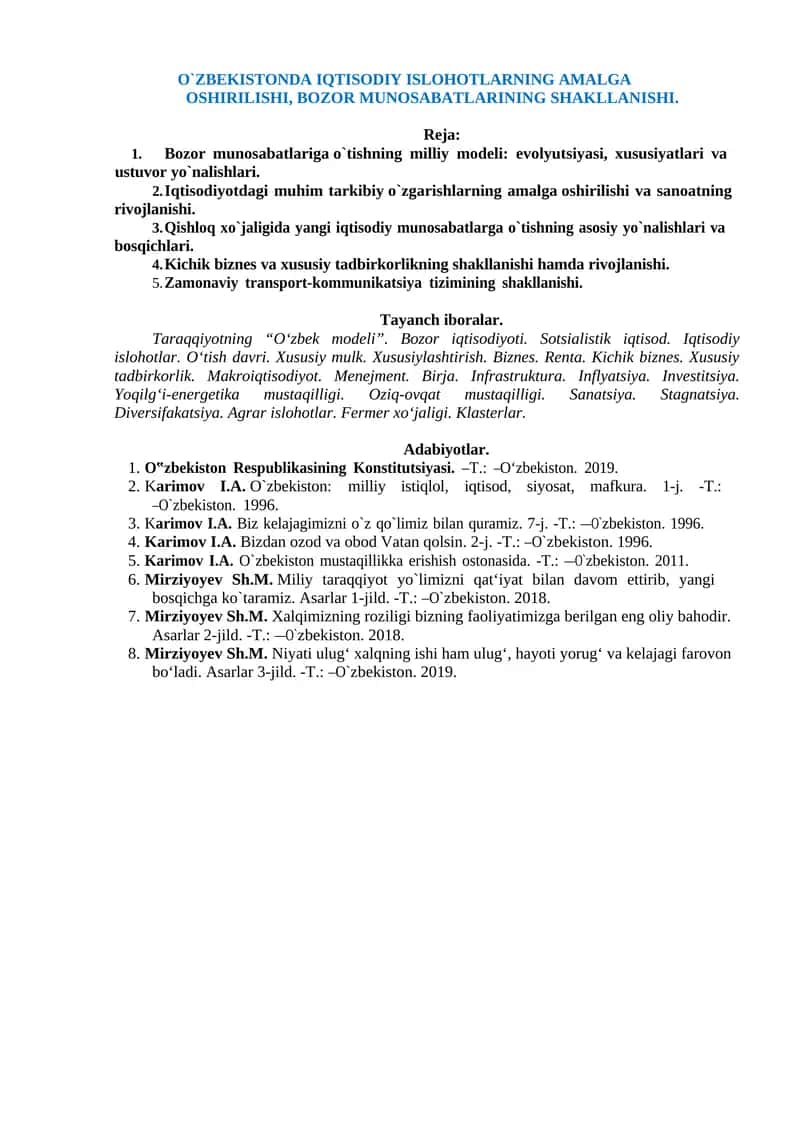 O`ZBEKISTONDA IQTISODIY ISLOHOTLARNING AMALGA OSHIRILISHI, BOZOR MUNOSABATLARINING SHAKLLANISHI