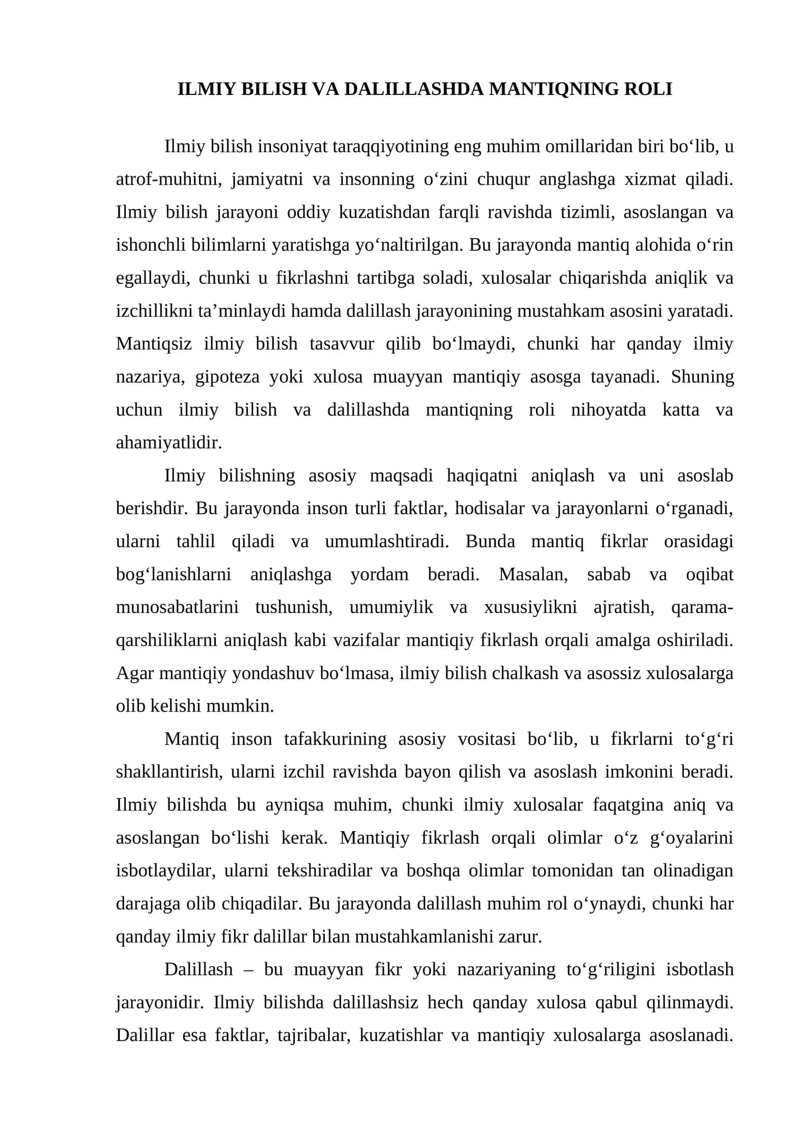 ILMIY BILISH VA DALILLASHDA MANTIQNING ROLI