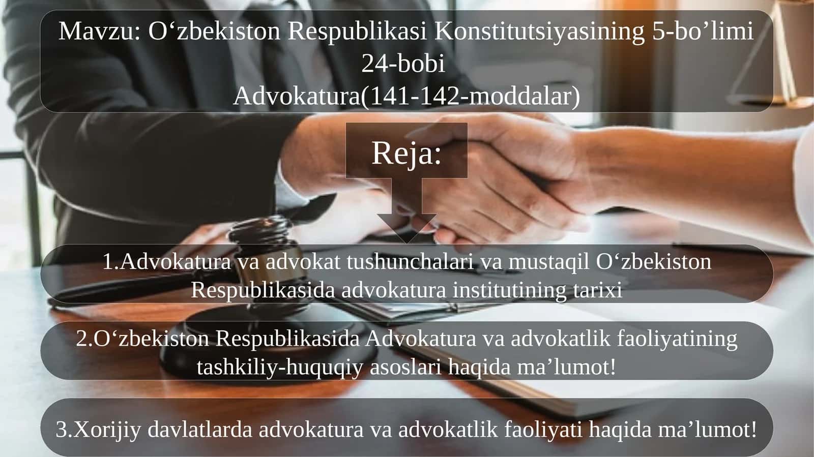O‘zbekiston Respublikasi Konstitutsiyasining 5-bo’limi 24-bobi Advokatura (141-142-moddalar)