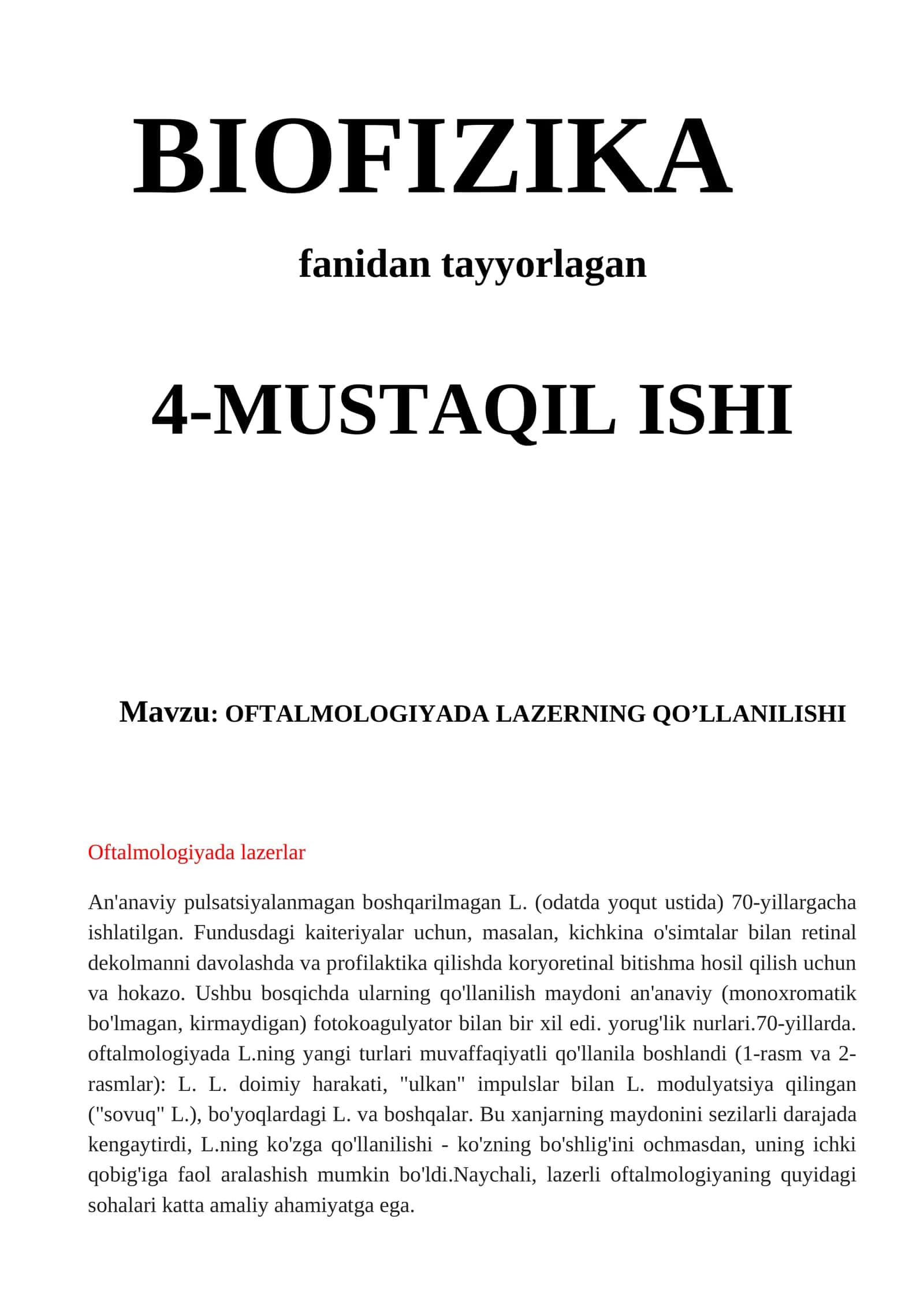 OFTALMOLOGIYADA LAZERNING QO’LLANILISHI