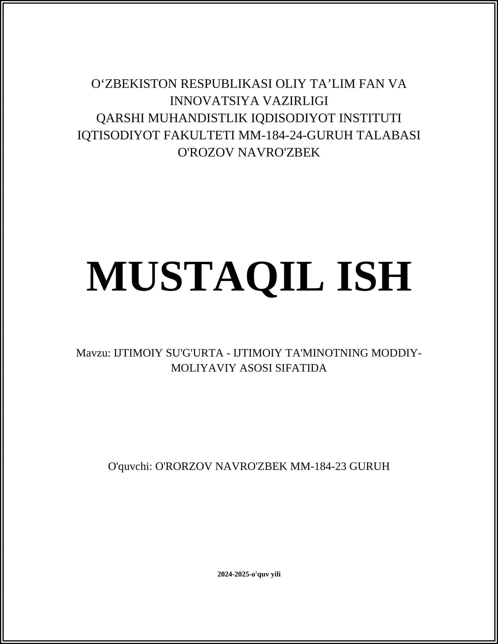 IJTIMOIY SU'G'URTA - IJTIMOIY TA'MINOTNING MODDIY-MOLIYAVIY ASOSI SIFATIDA