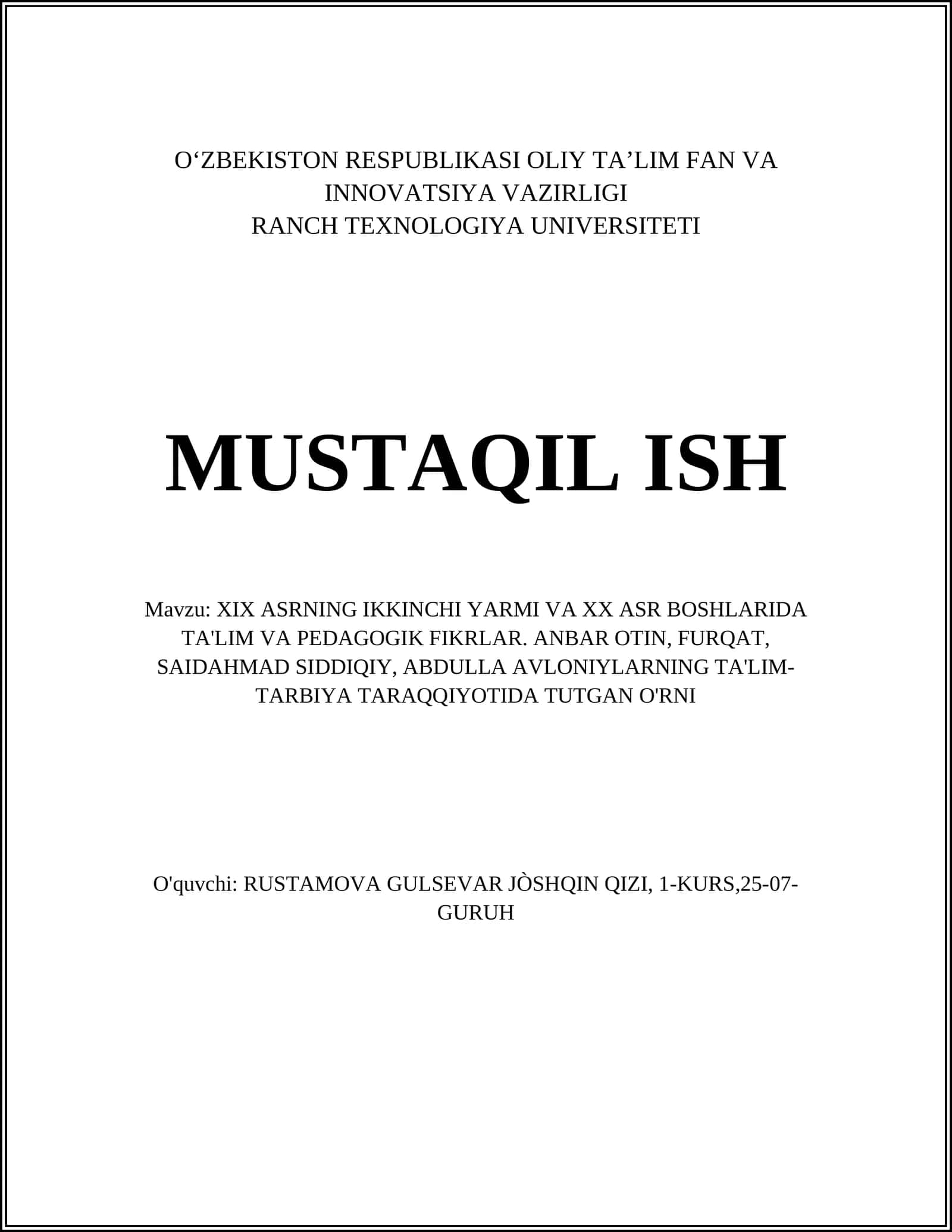 XIX ASRNING IKKINCHI YARMI VA XX ASR BOSHLARIDA TA'LIM VA PEDAGOGIK FIKRLAR