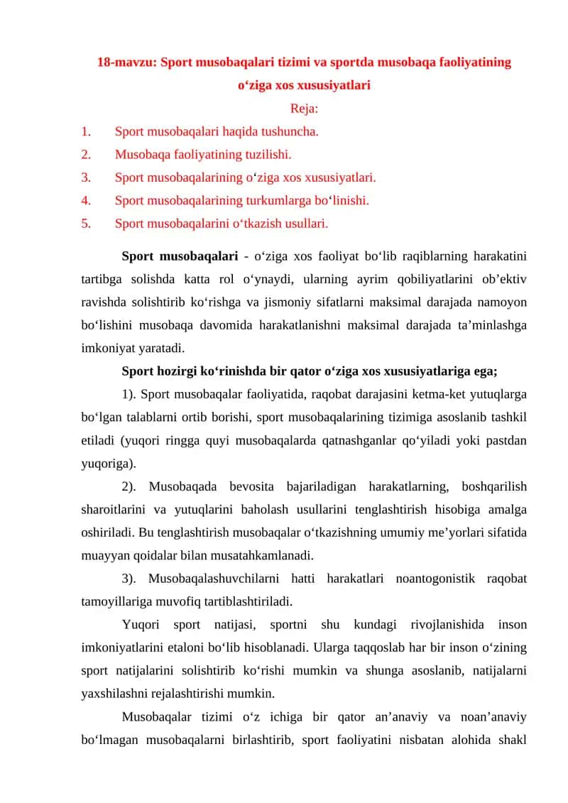 18-mavzu: Sport musobaqalari tizimi va sportda musobaqa faoliyatining o‘ziga xos xususiyatlari
