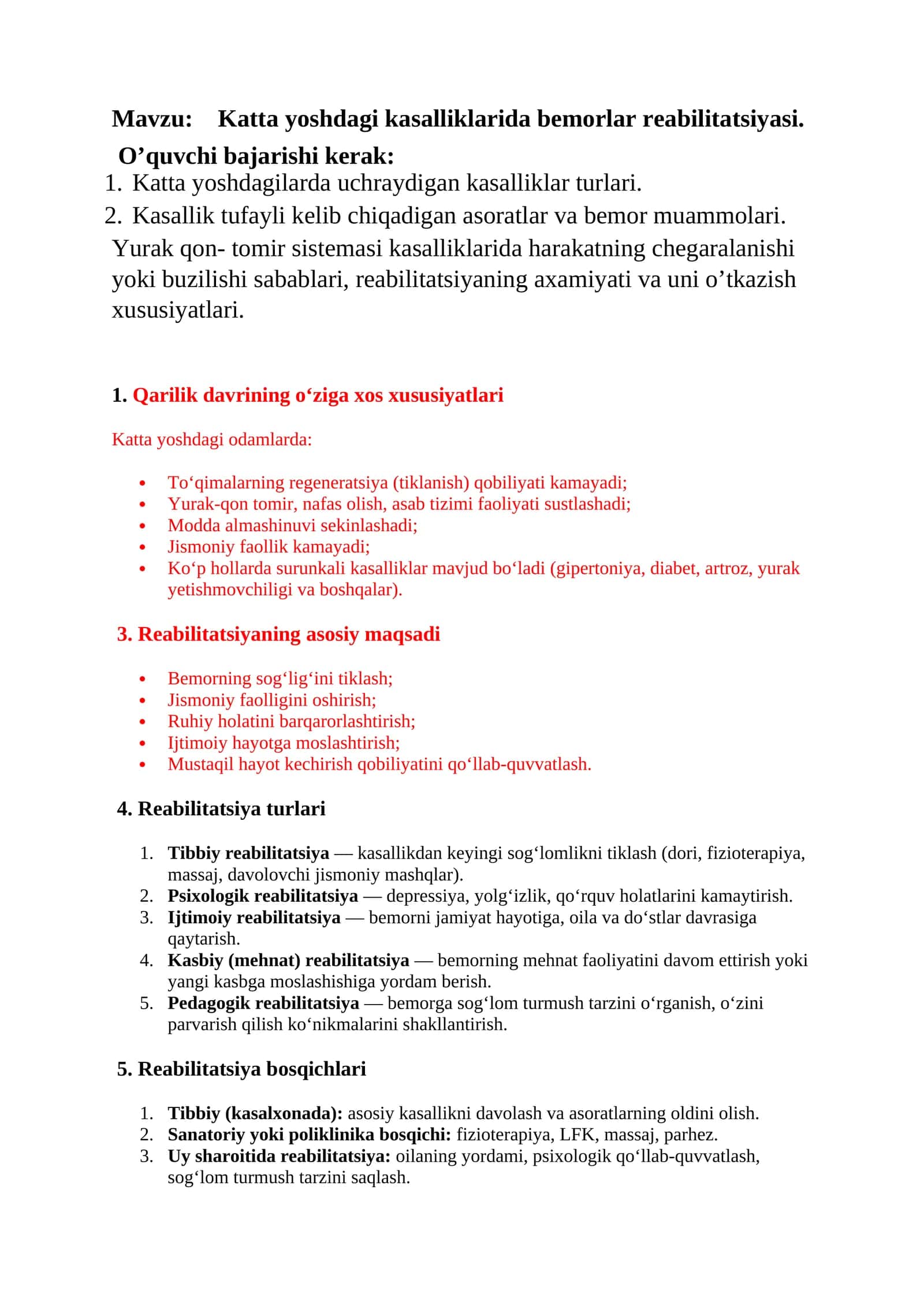 Katta yoshdagi kasalliklarida bemorlar reabilitatsiyasi