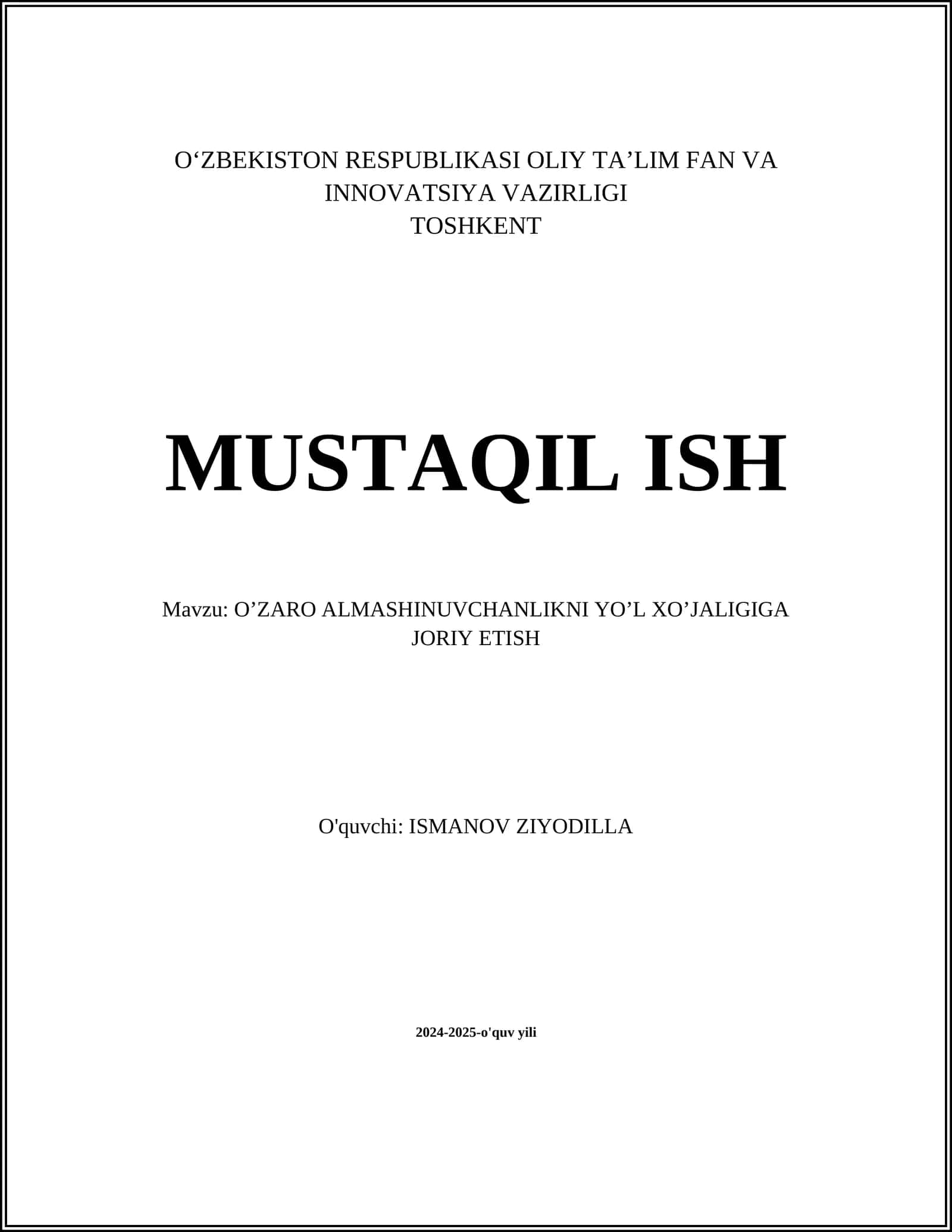 O’ZARO ALMASHINUVCHANLIKNI YO’L XO’JALIGIGA JORIY ETISH