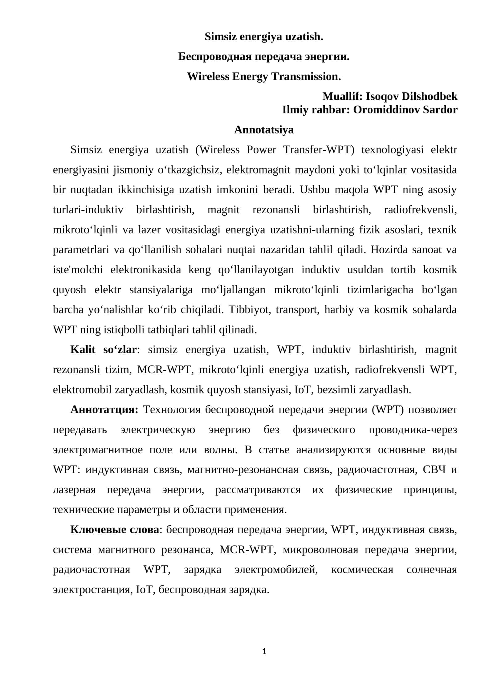Simsiz energiya uzatish