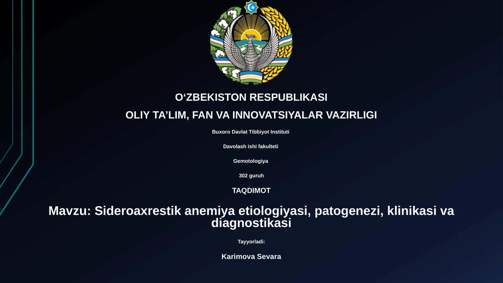 Sideroaxrestik anemiya etiologiyasi, patogenezi, klinikasi va diagnostikasi