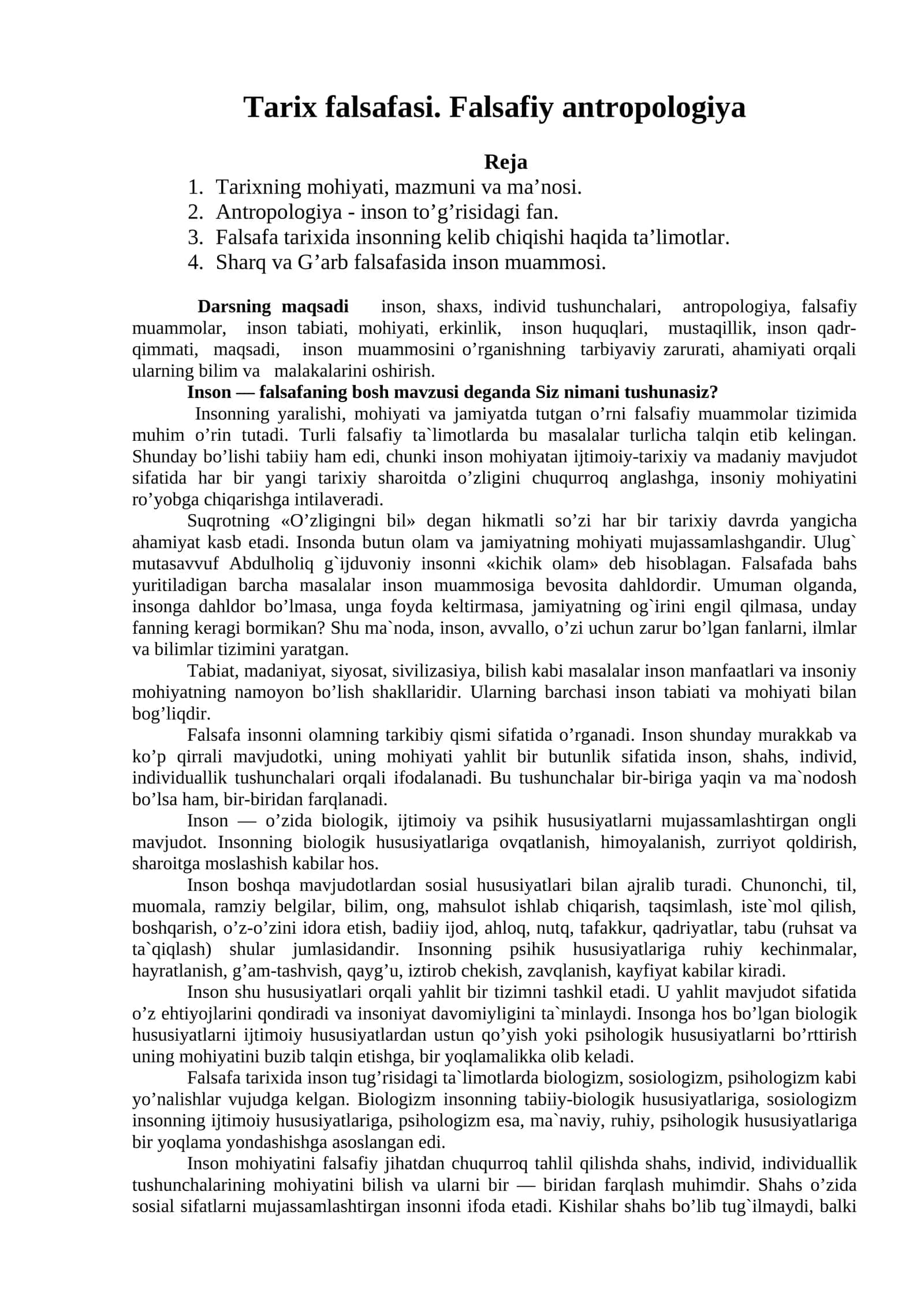 Tarix falsafasi. Falsafiy antropologiya