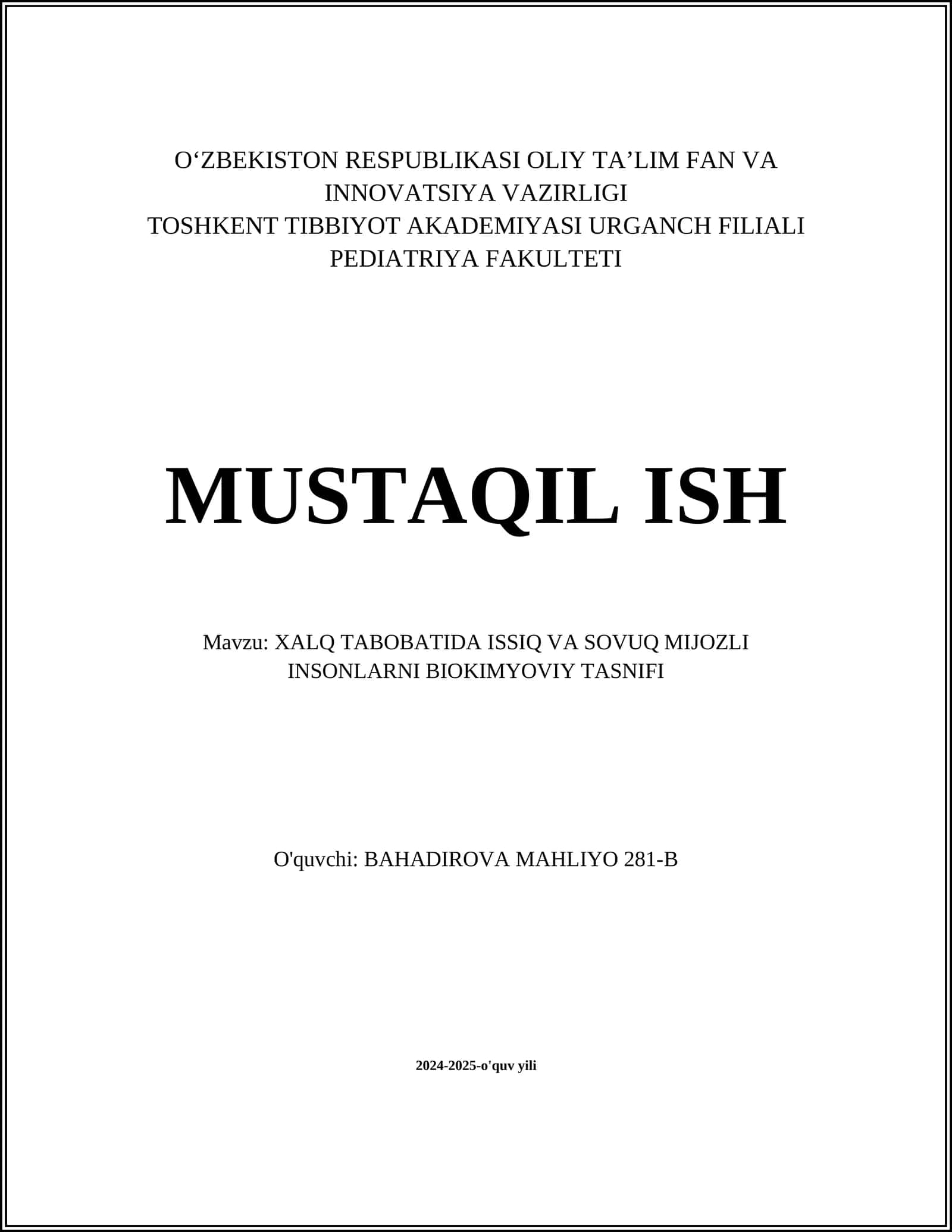 Xalq Tabobatida Issiq va Sovuq Mijozli Insonlarni Biokimyoviy Tasnifi