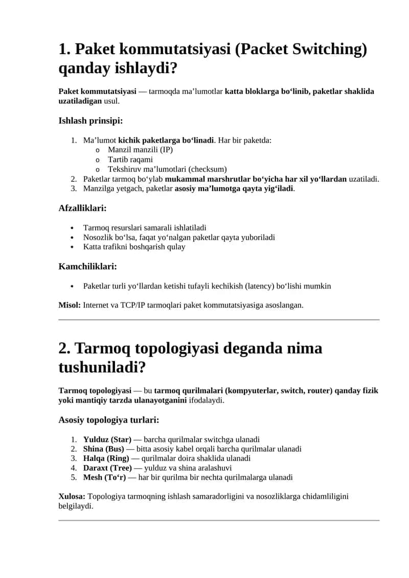 Paket kommutatsiyasi (Packet Switching)