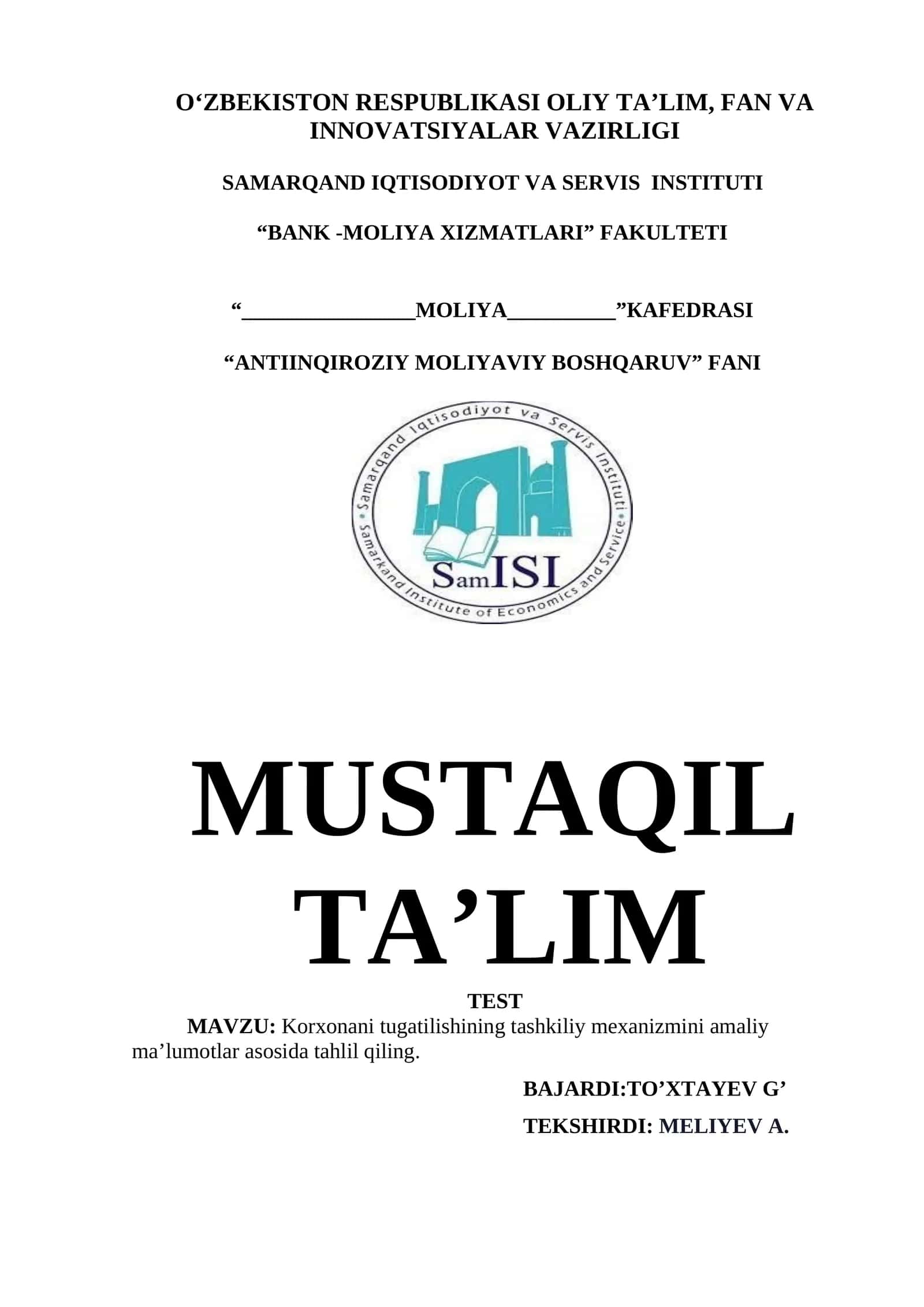 ANTIINQIROZIY MOLIYAVIY BOSHQARUV