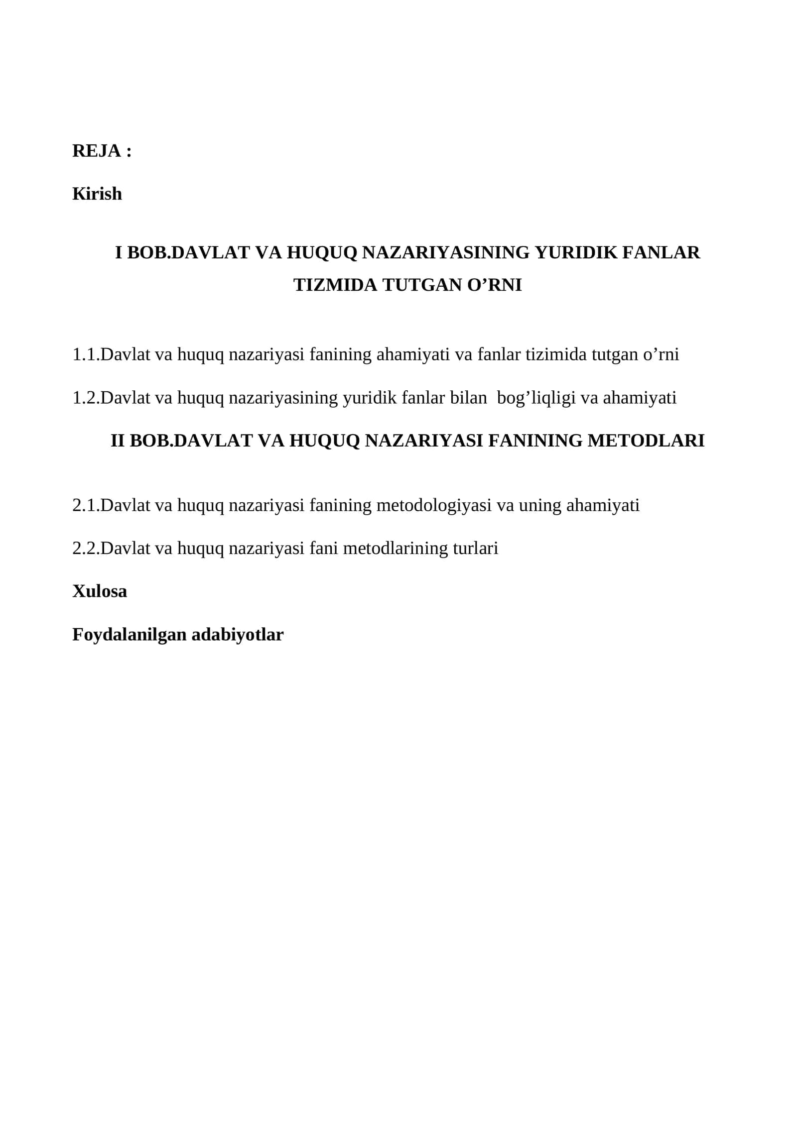 DAVLAT VA HUQUQ NAZARIYASINING YURIDIK FANLAR TIZMIDA TUTGAN O’RNI