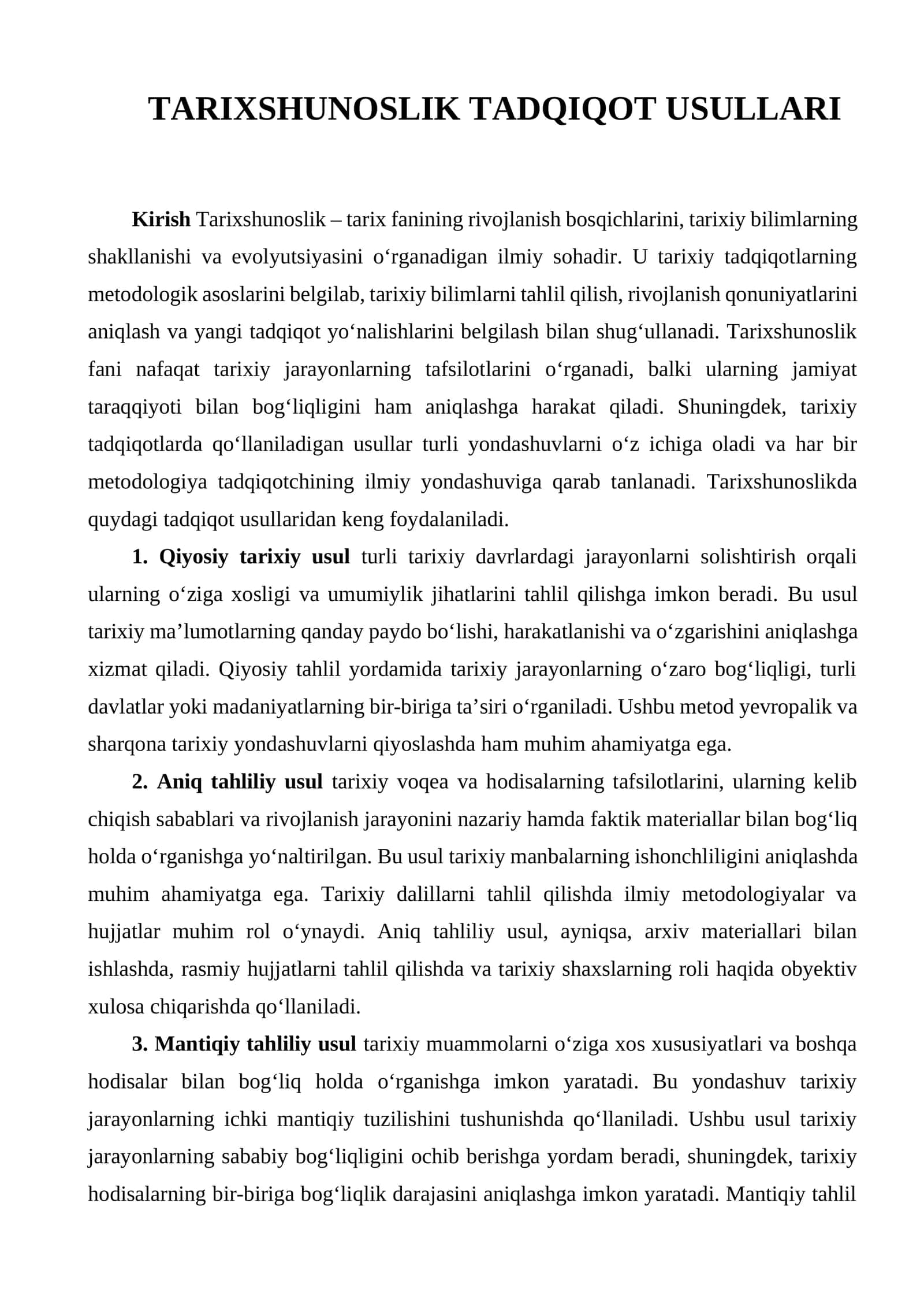 Tarixshunoslikning tadqiqot usullari